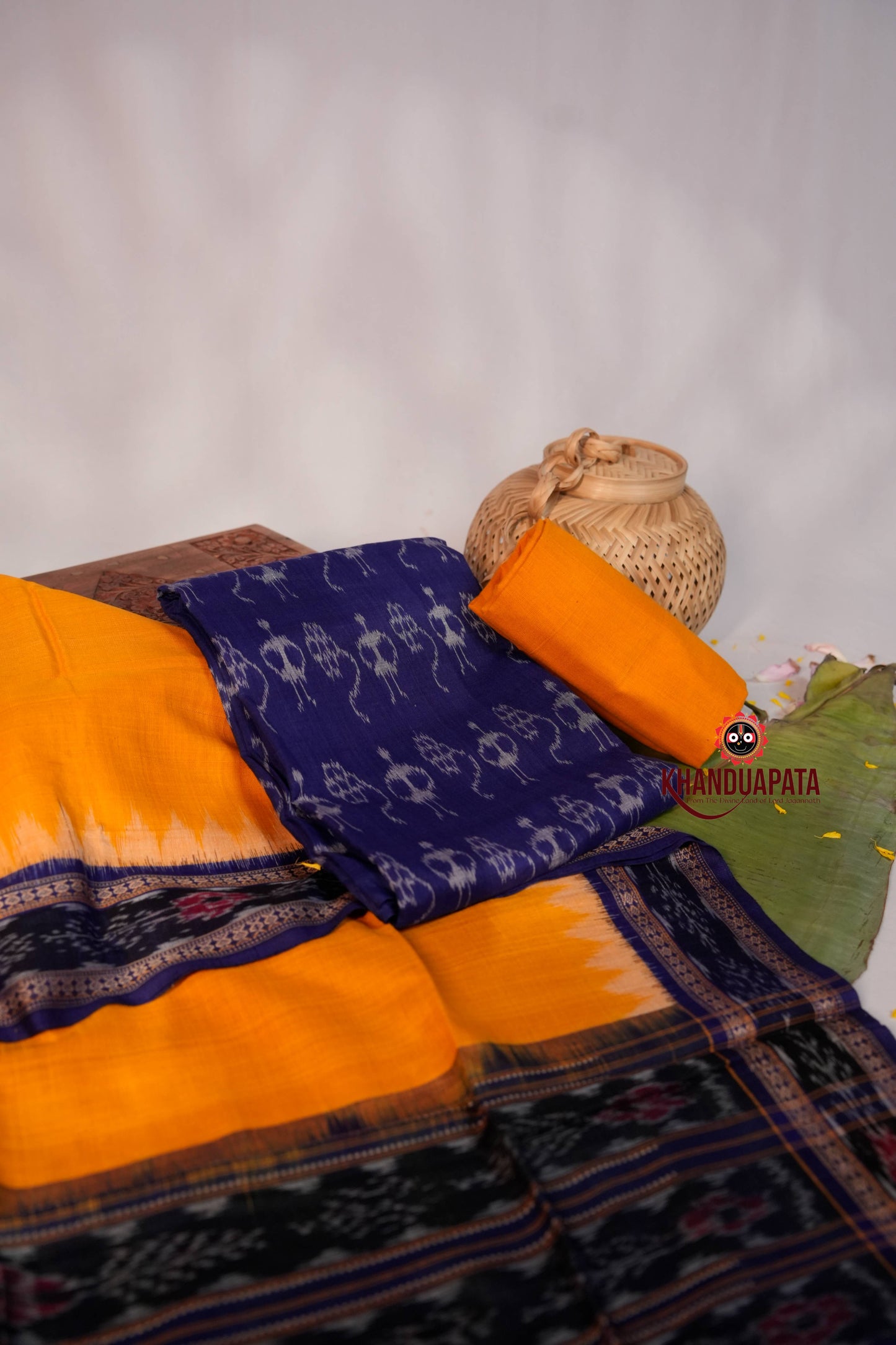 Yellow & Blue Ethnic Design Unstitched Cotton Suit For Women