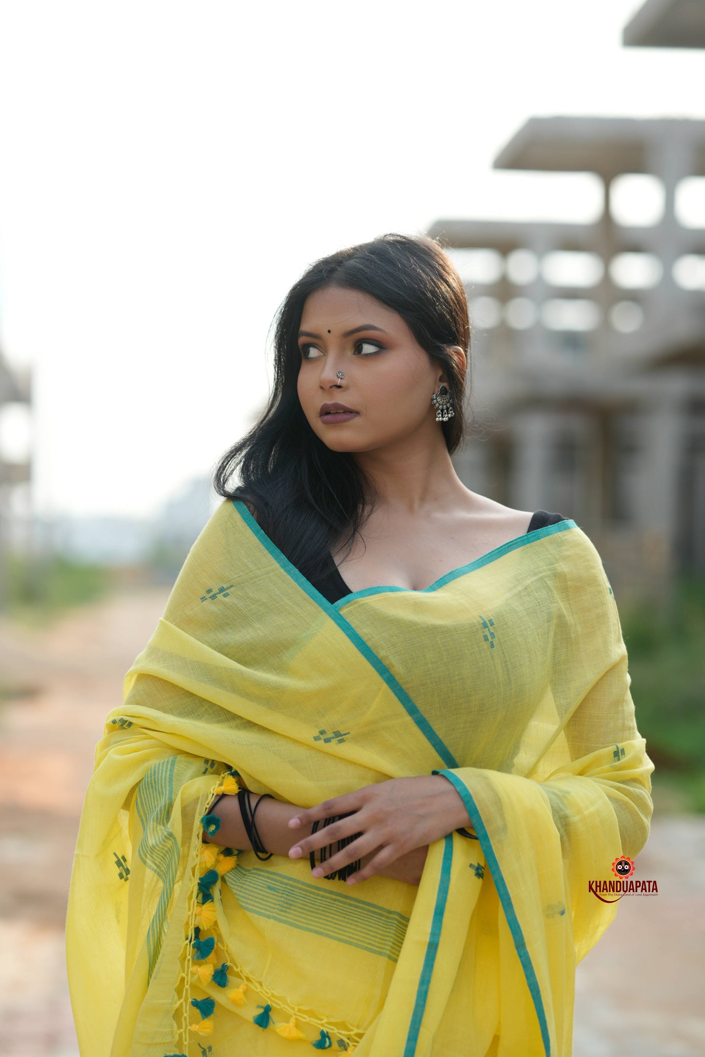 Yellow and Green Leaf Pattern Cotton Saree For Women