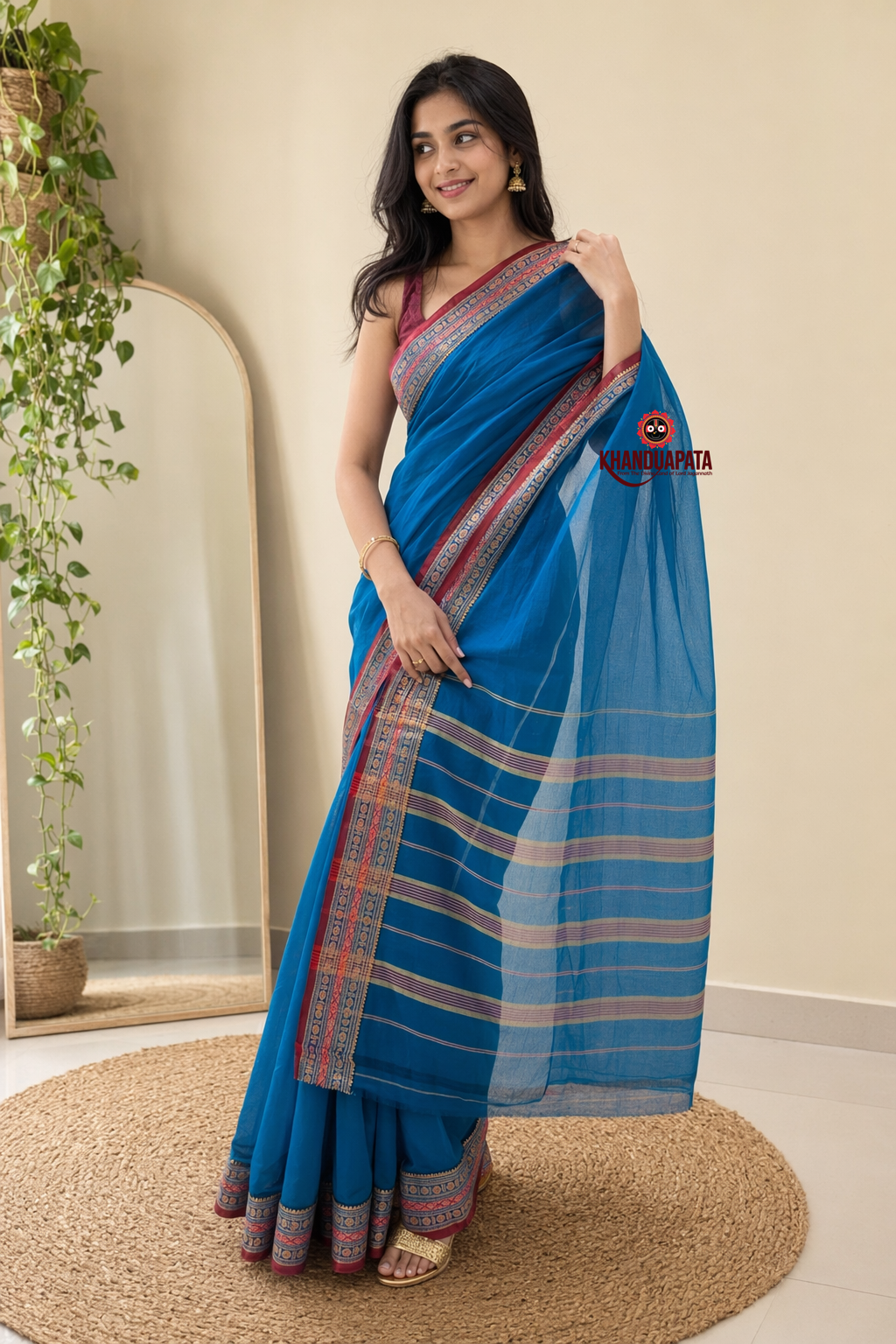 Blue & Pink Contrast Border Cotton Saree For Women