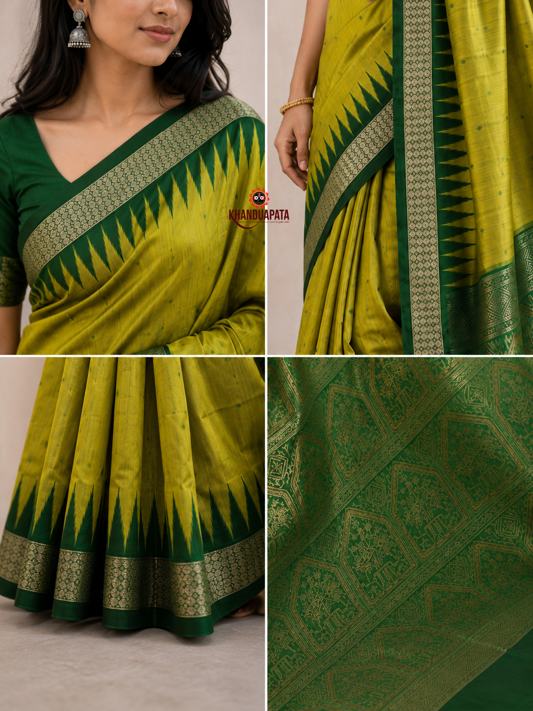 Olive and dark green colour dot design silk saree by Khanduapata - styled view