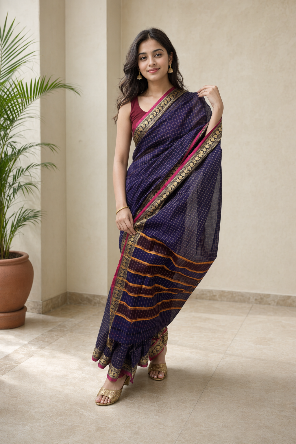 Navy Blue Checked Contrast Border Cotton Saree For Women