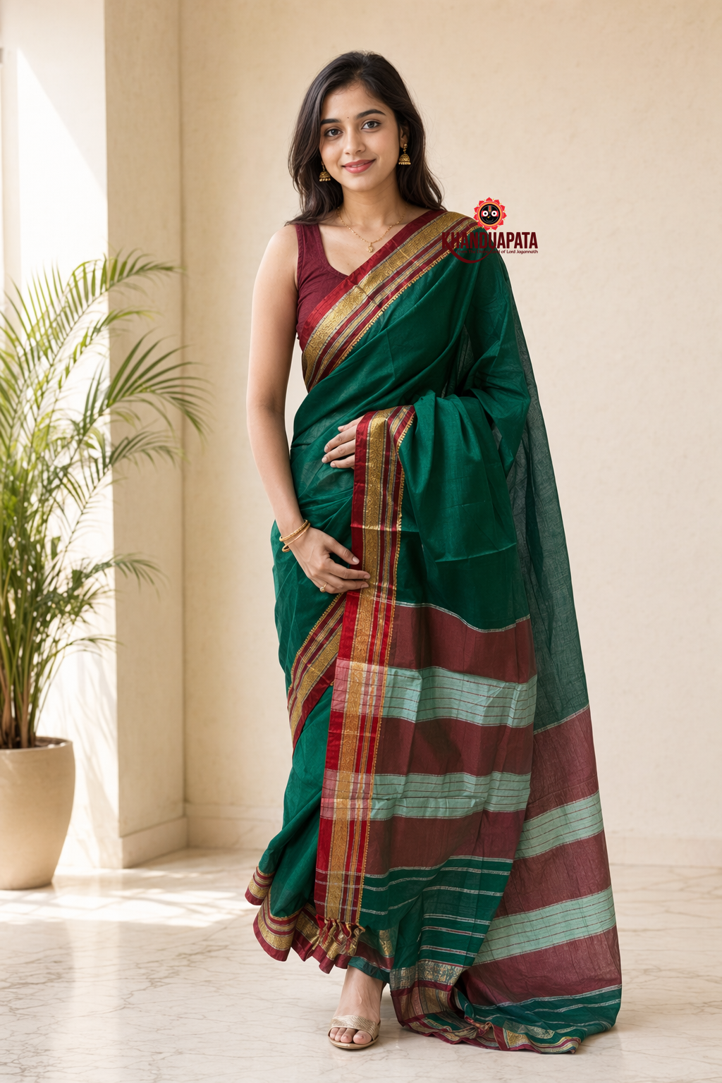 Teal Green Plain Body Cotton Silk Saree For Women