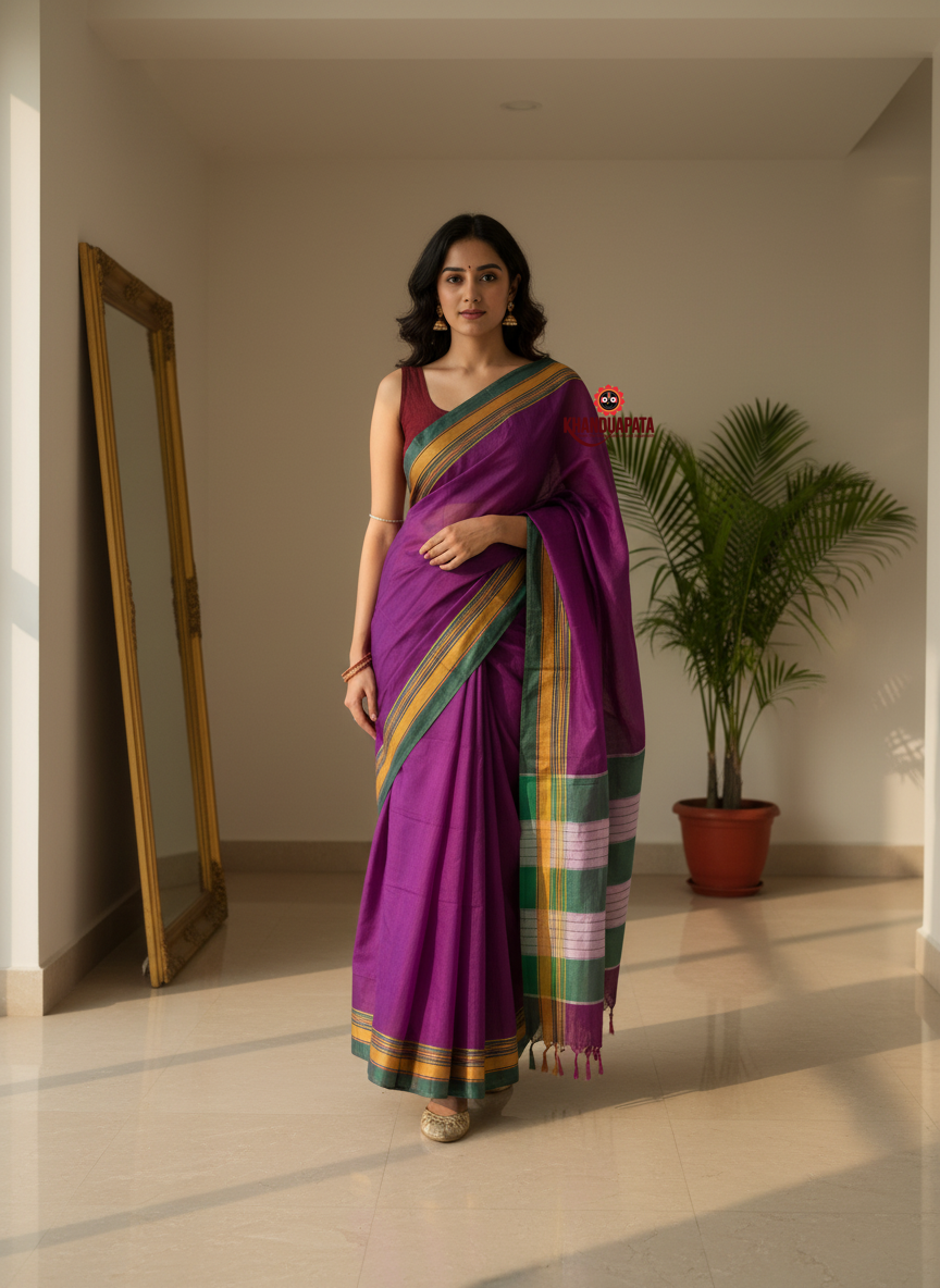 Purple & Green Plain Body Cotton Silk Saree For Women