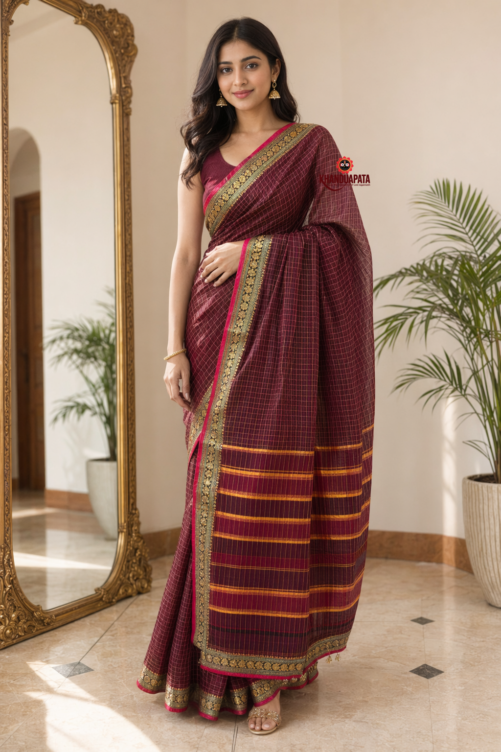 Deep Red Checked Traditional Border Cotton Saree For Women