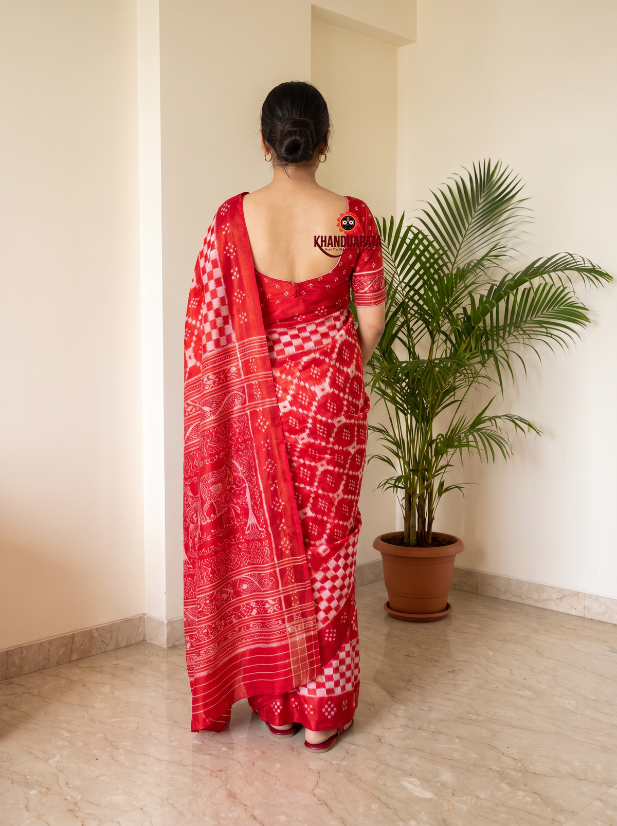 Red and white colour traditional checkered design silk saree by Khanduapata - styled view