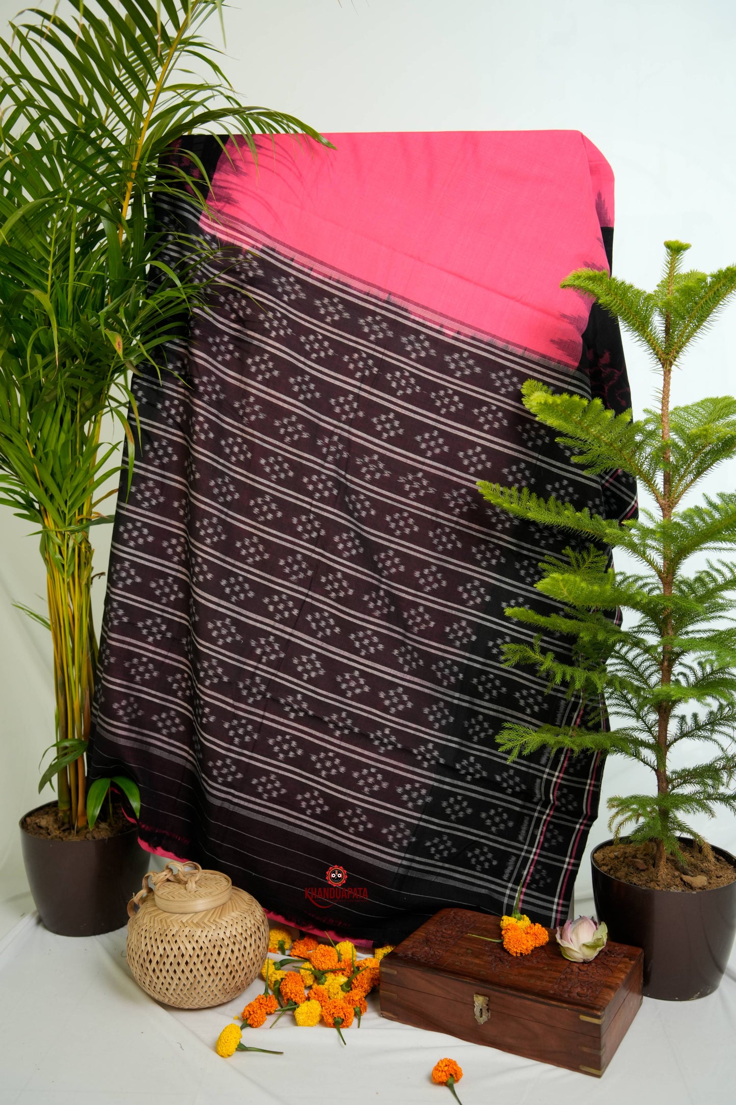 Pink & Black Colour Pasapali Border Design Cotton Saree For Women
