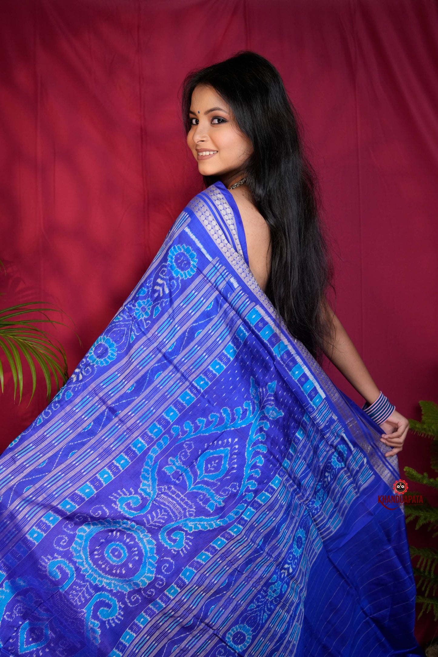 Blue & Red Tribal Design Silk Saree For Women