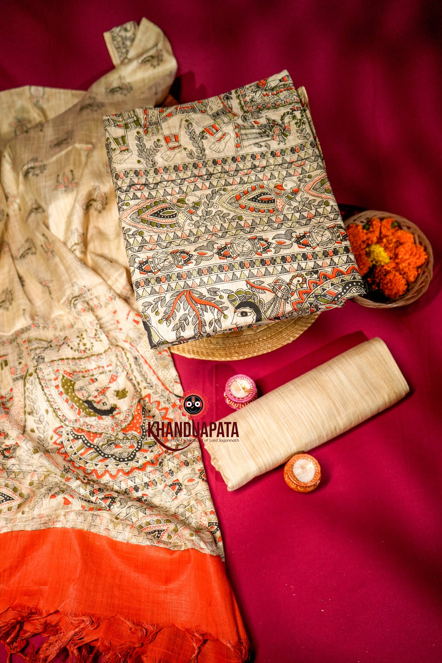 Beige & Orange Colour Unstitched Khadi Cotton Suit For Women