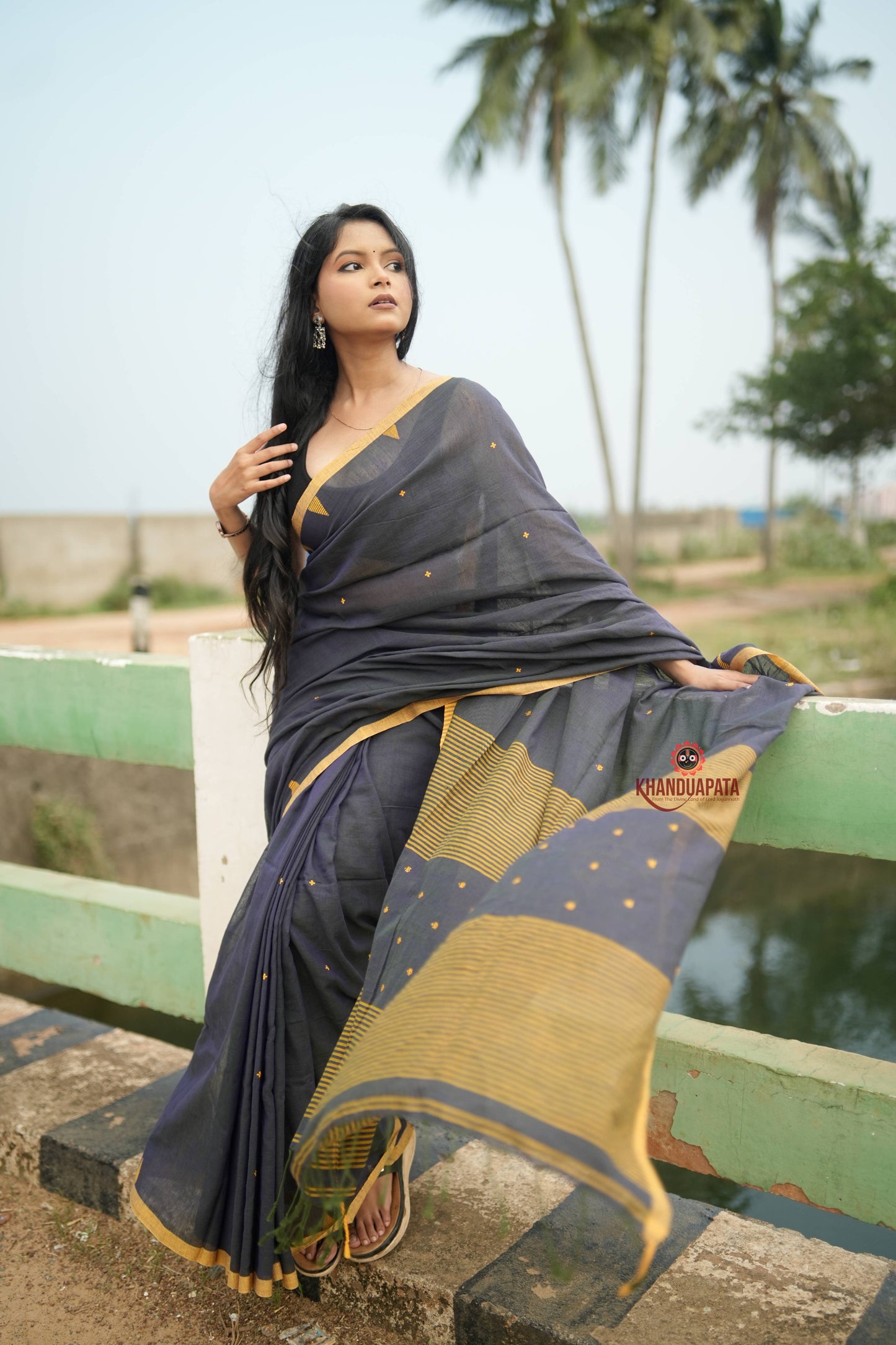 Grey and Mustard Yellow Dot Pattern Cotton Saree For Women