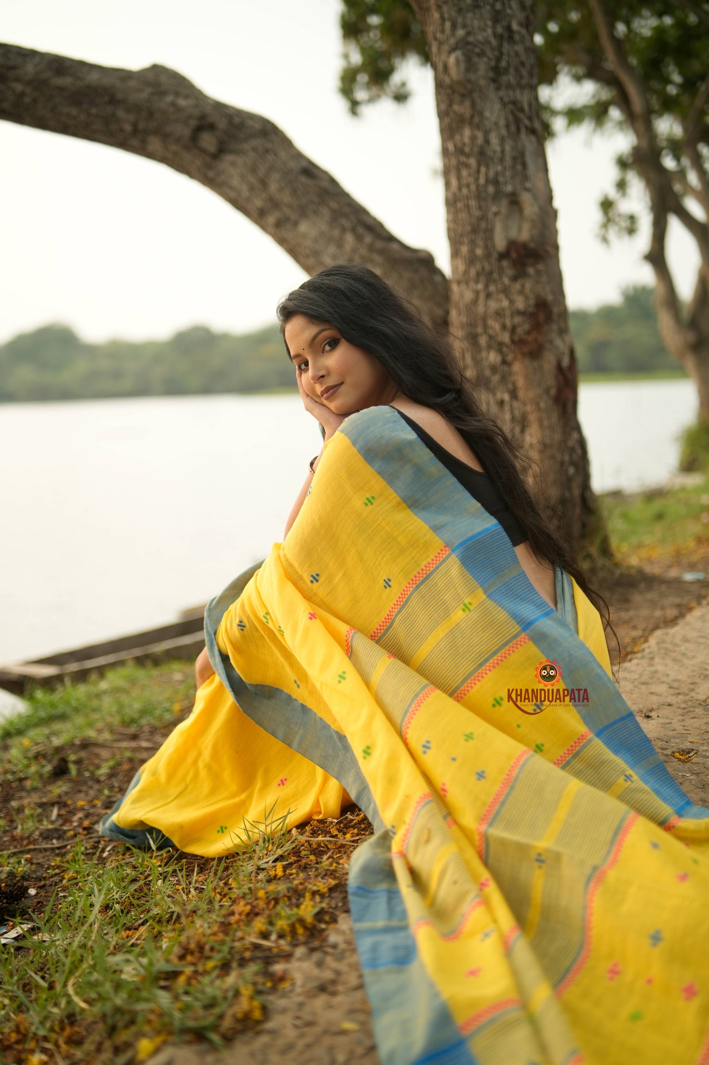 Yellow and Soft Blue Colourful Dot Pattern Cotton Saree For Women