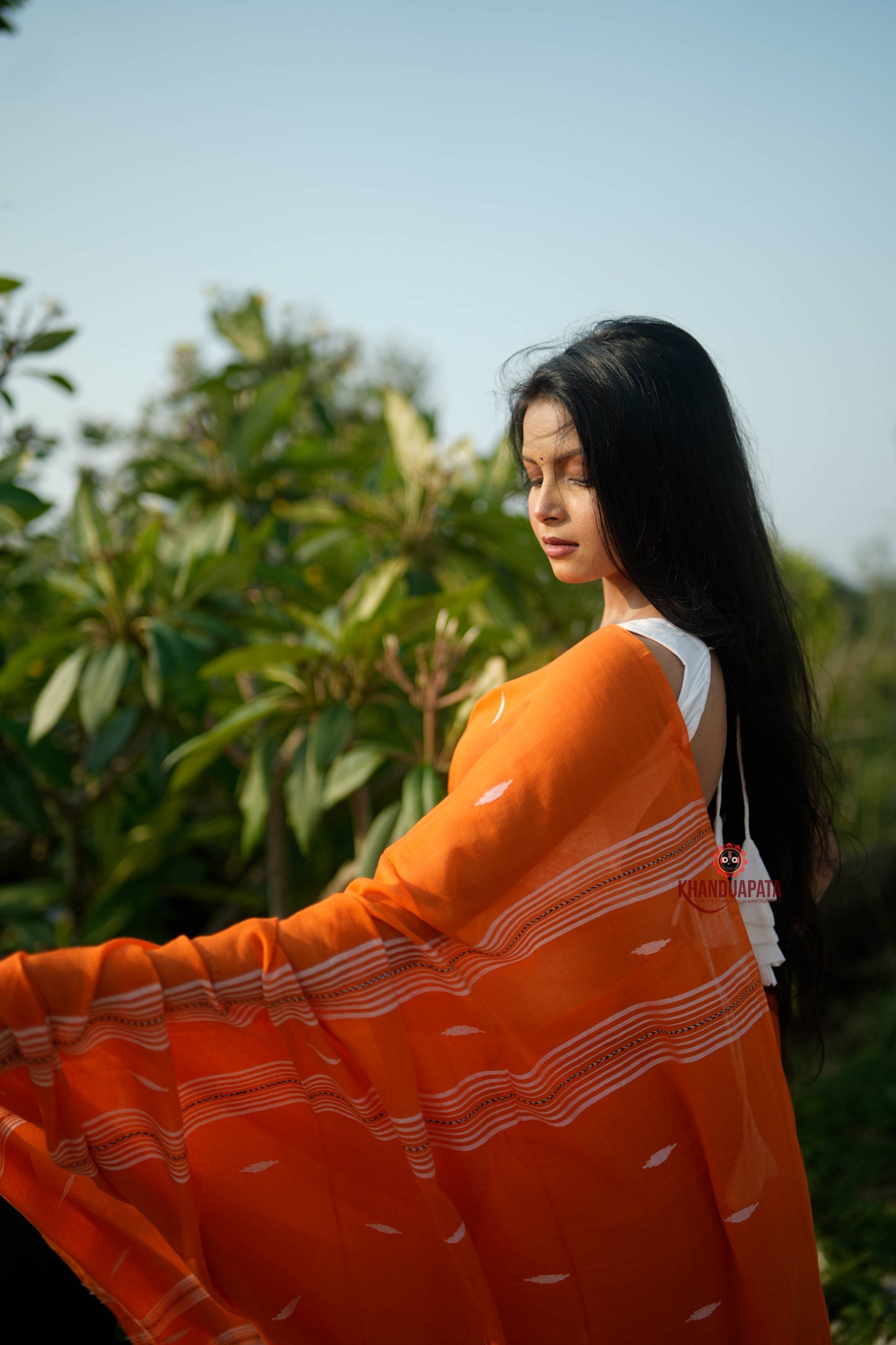 Orange and White Leaf Pattern Cotton Saree For Women