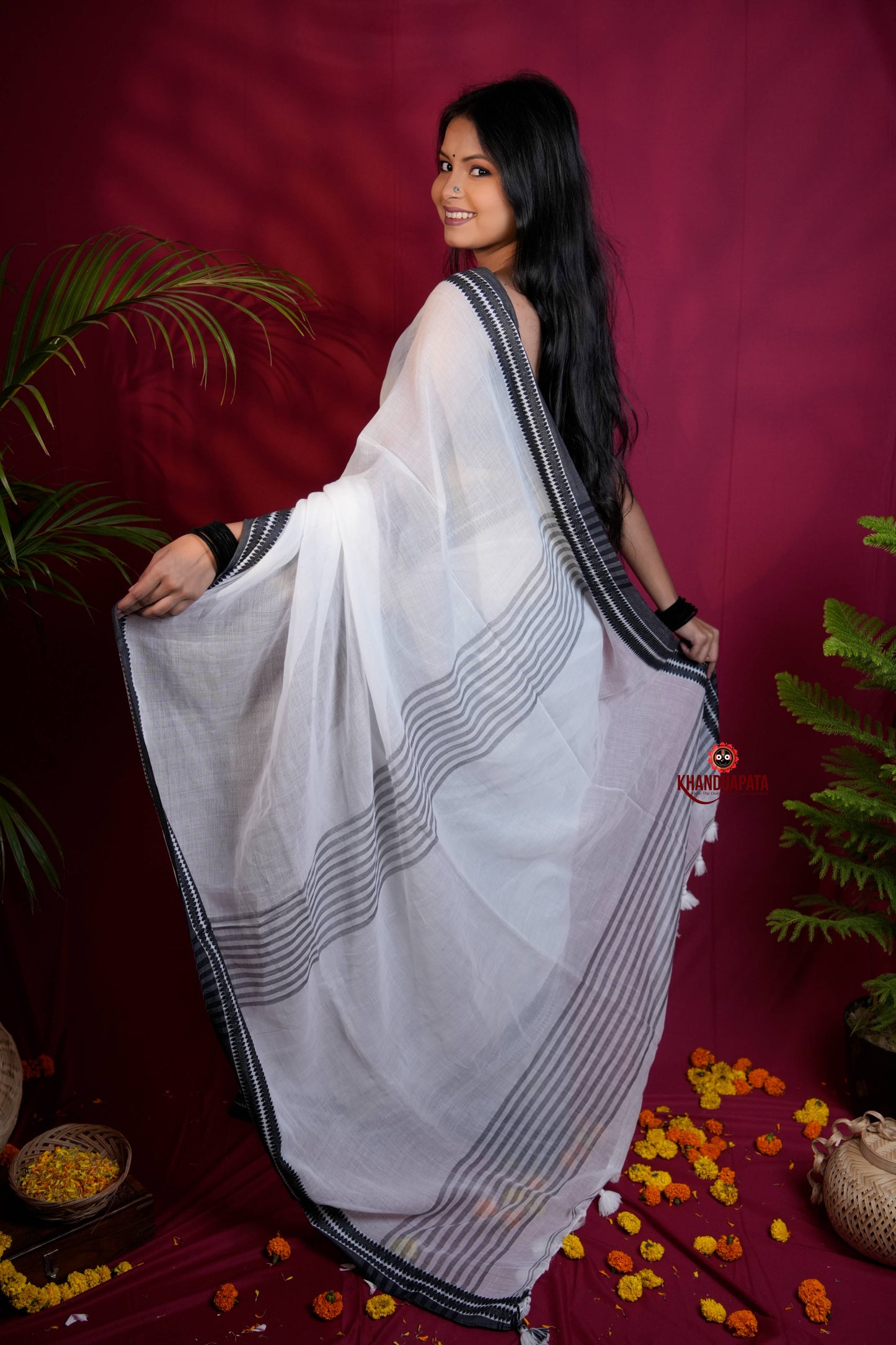 White and Black Colour Plain Cotton Saree For Women