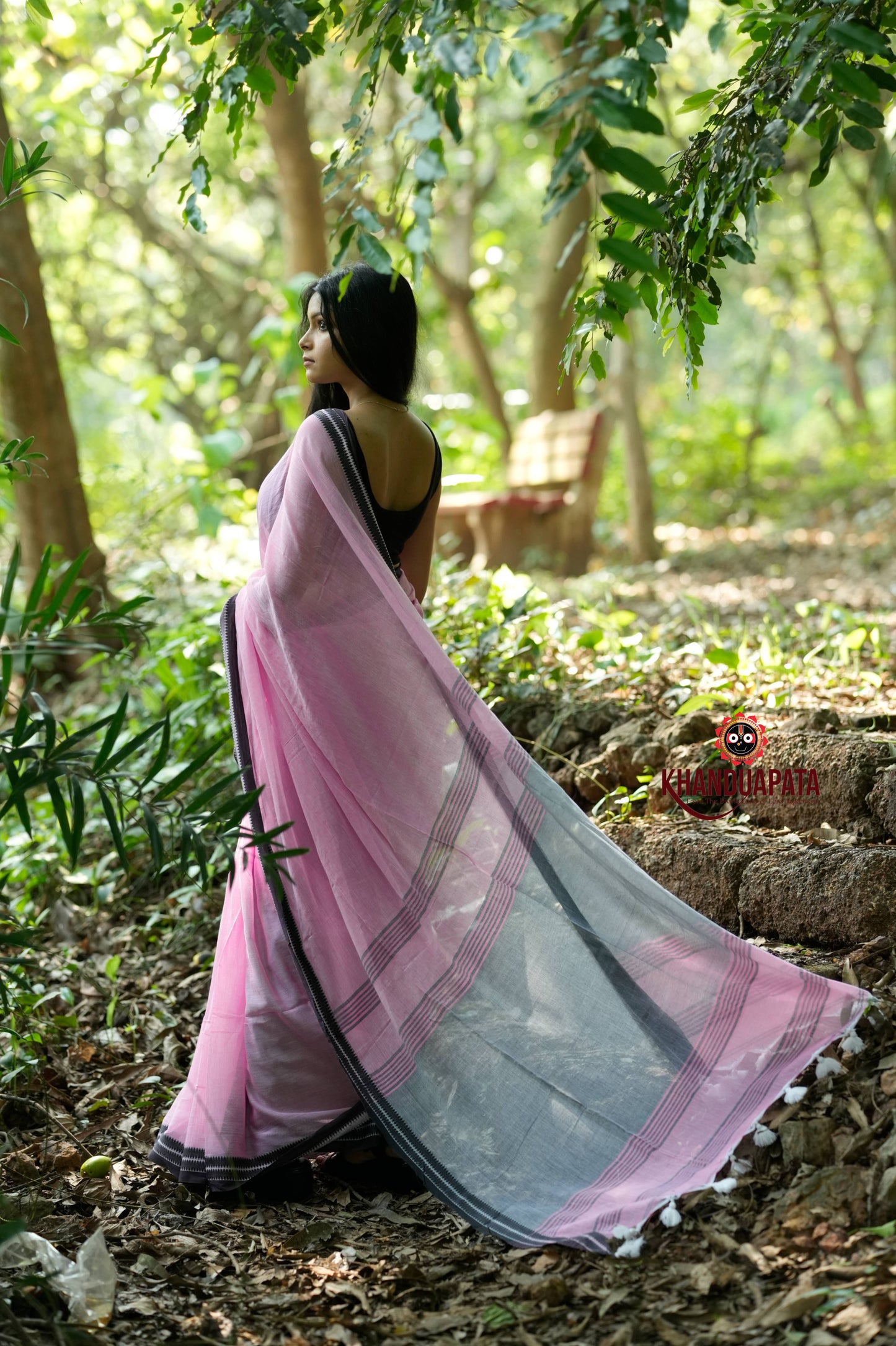 Pink and Black Colour Plain Cotton Saree For Women