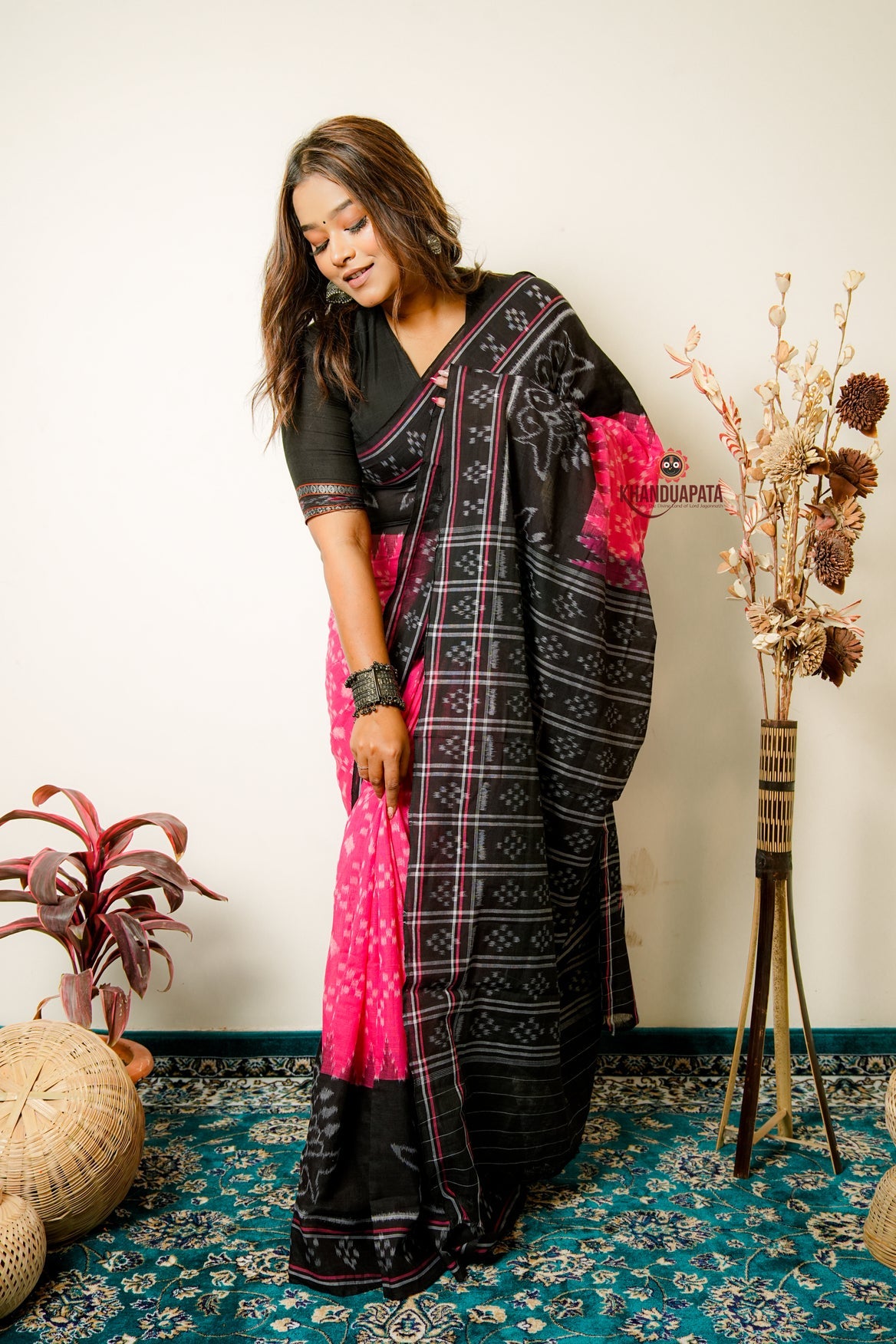 Light Pink & Black Design Cotton Saree For Women