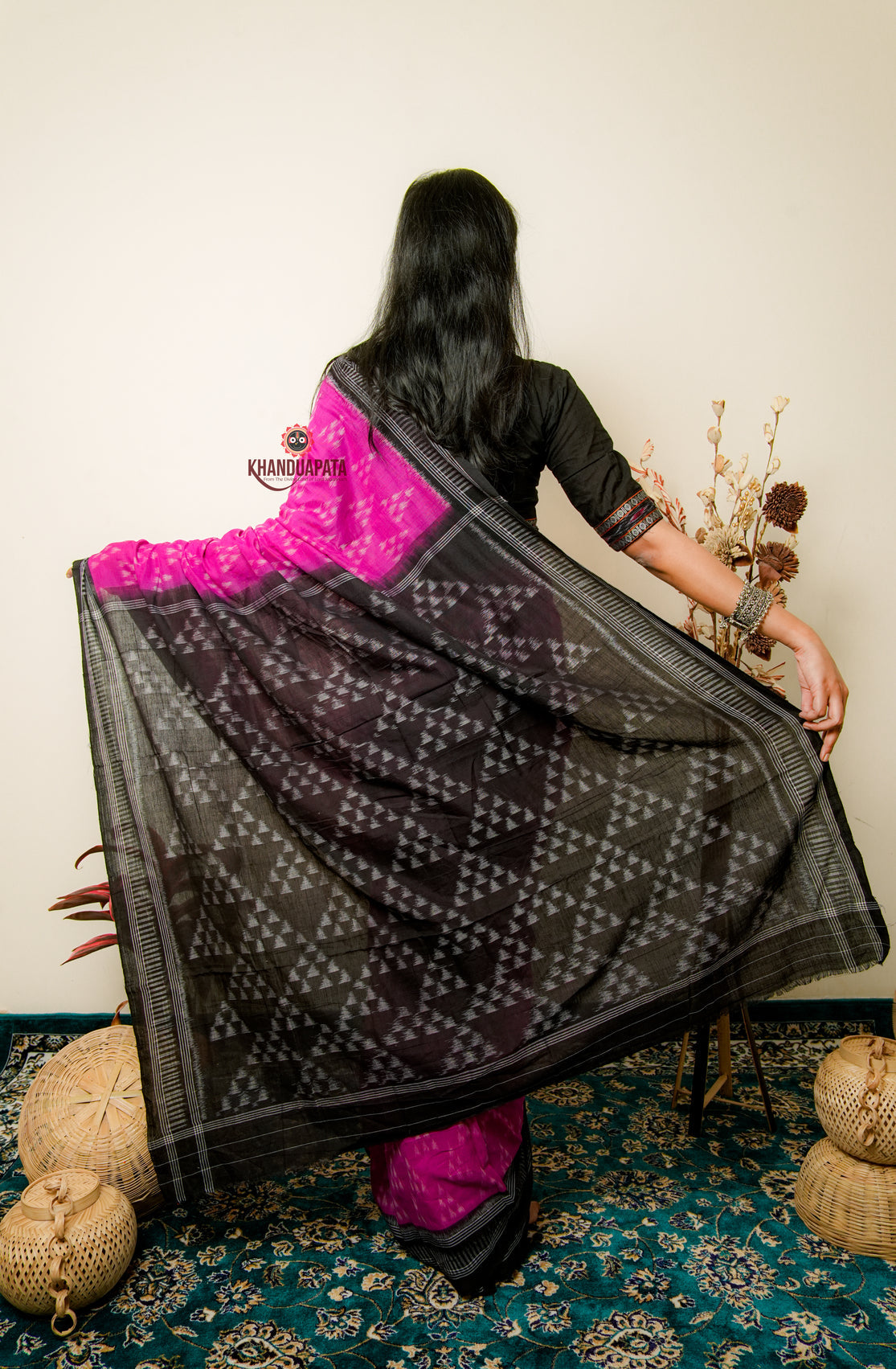 Deep Pink & Black Design Cotton Saree For Women