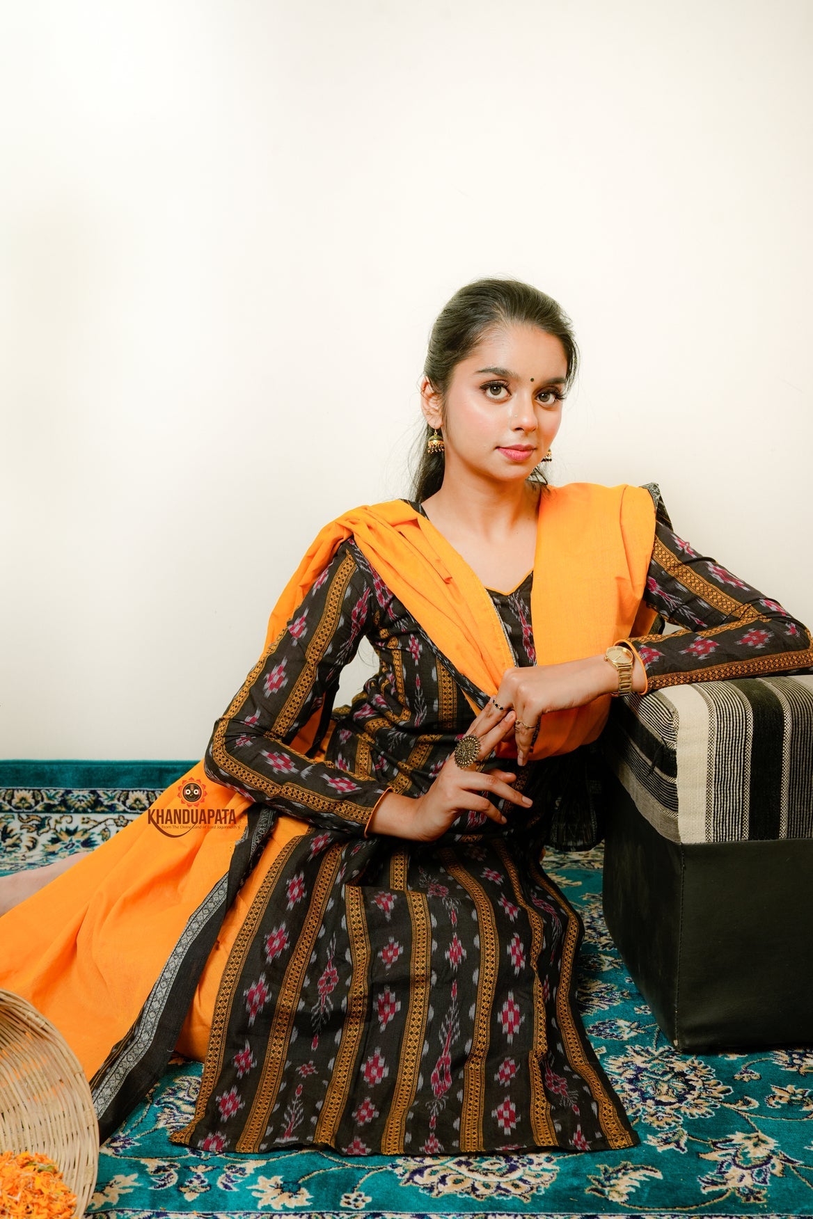 Black & Yellow Design Unstitched Cotton Suit For Women