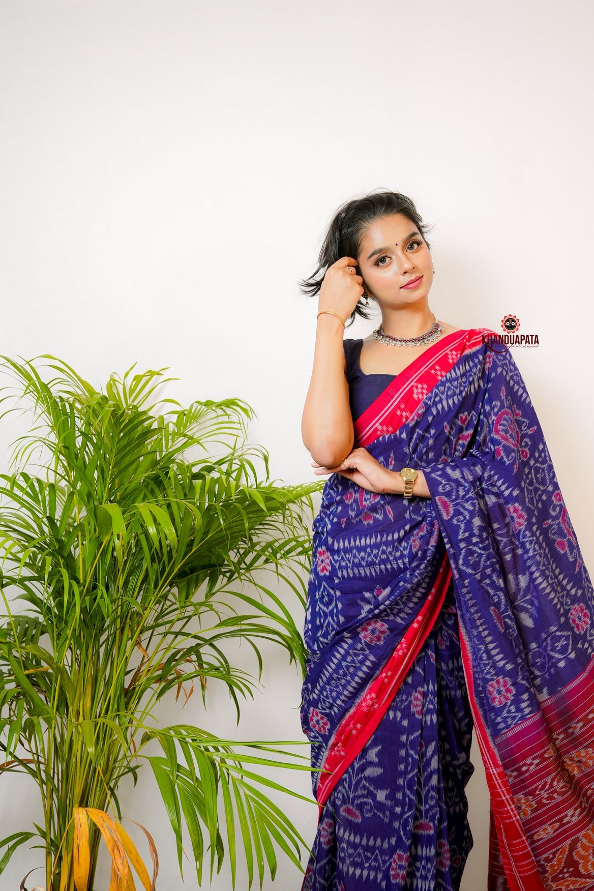 Blue And Red Flower Design Cotton Saree For Women