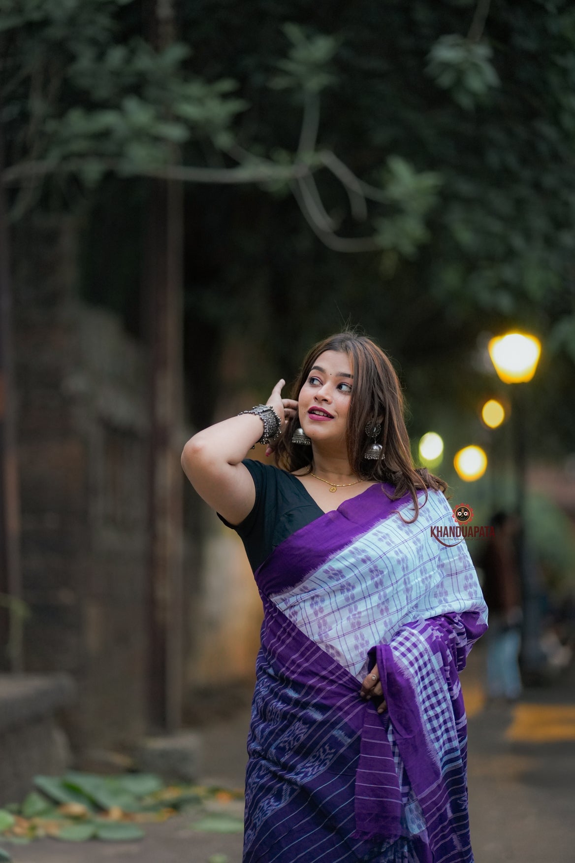 White & Purple Design Cotton Saree For Women