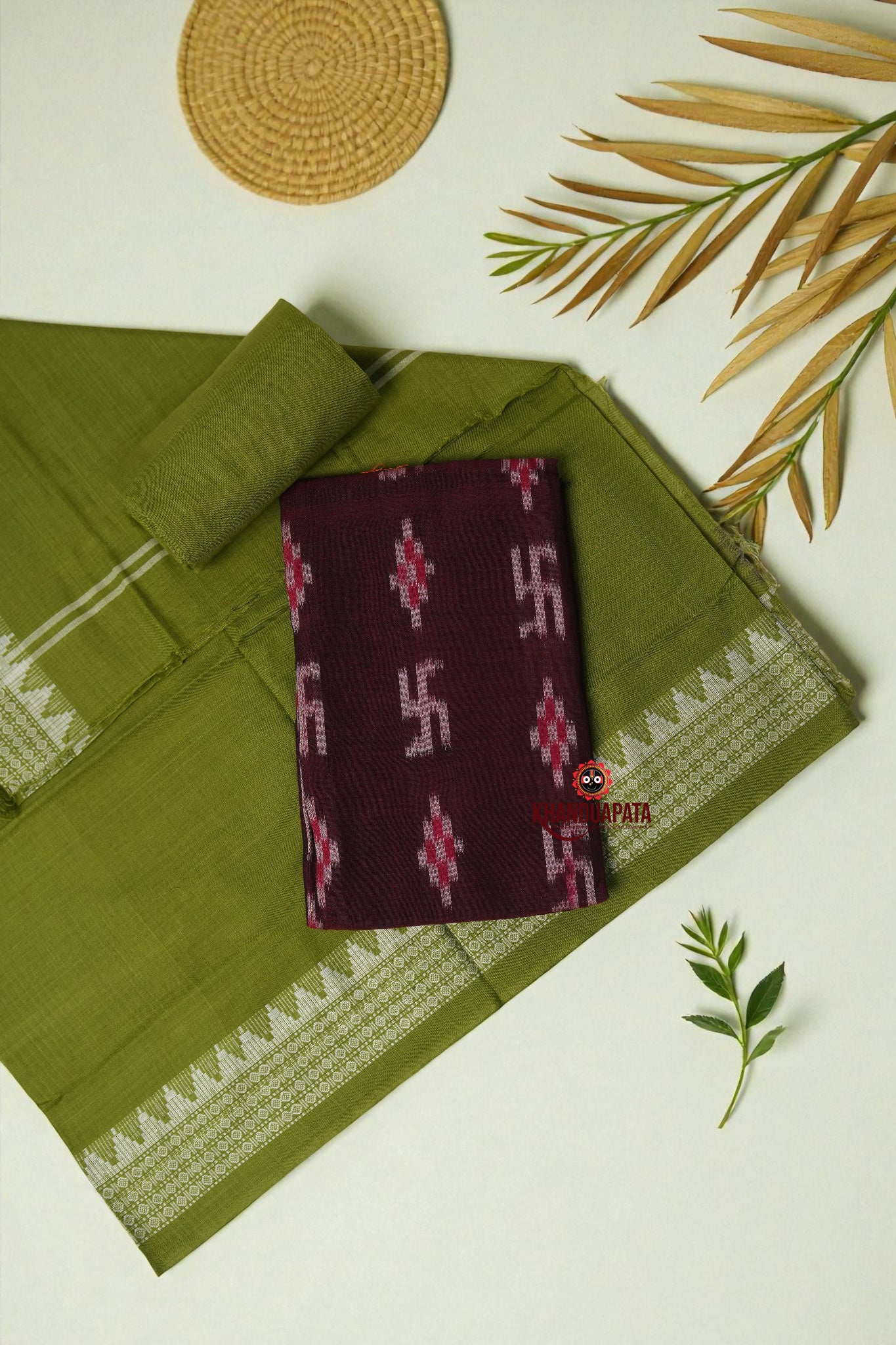 Maroon & Olive Green Swastik Design Unstitched Cotton Suit For Women