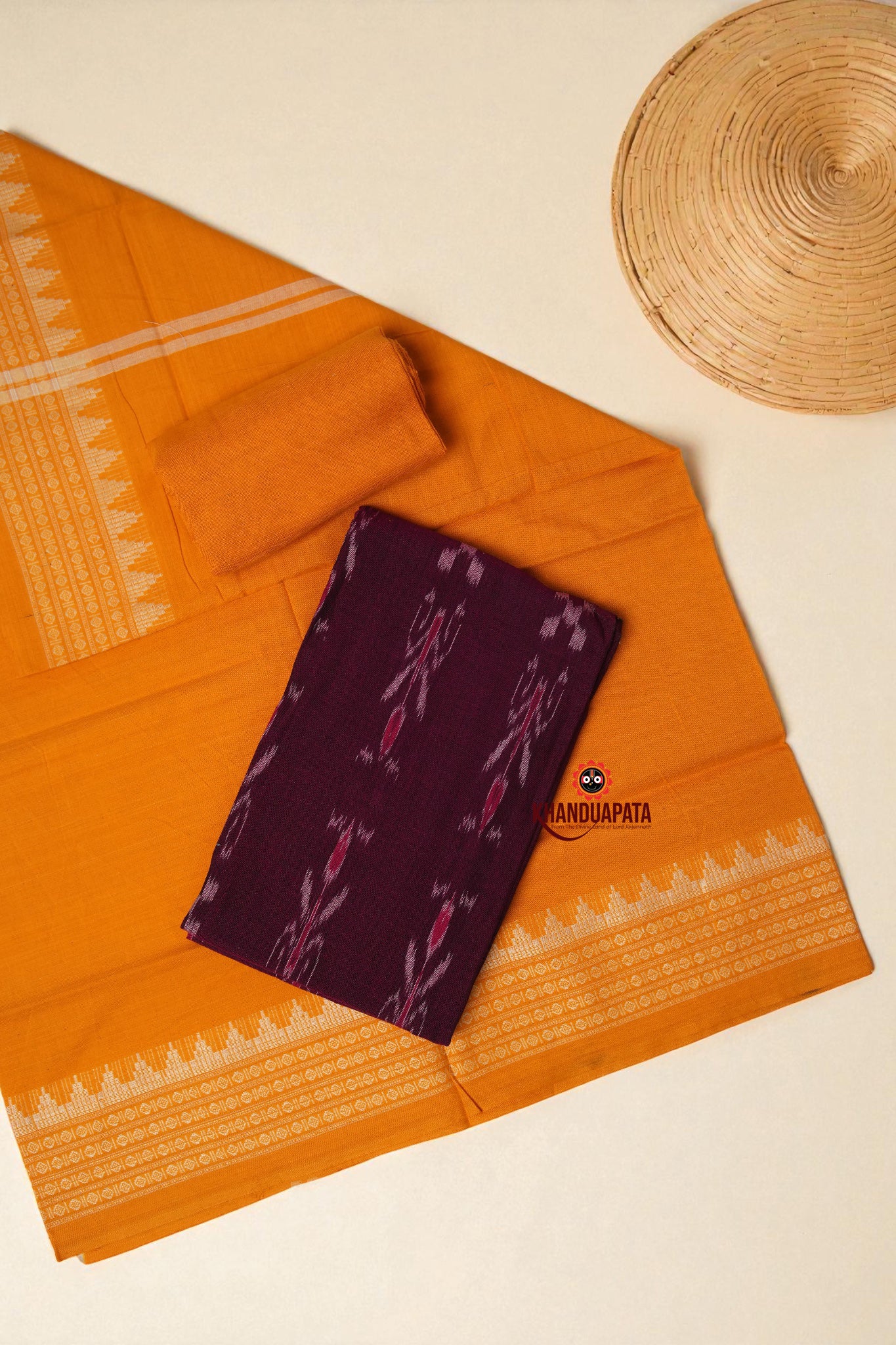 Maroon & Yellow Flower Design Unstitched Cotton Suit For Women