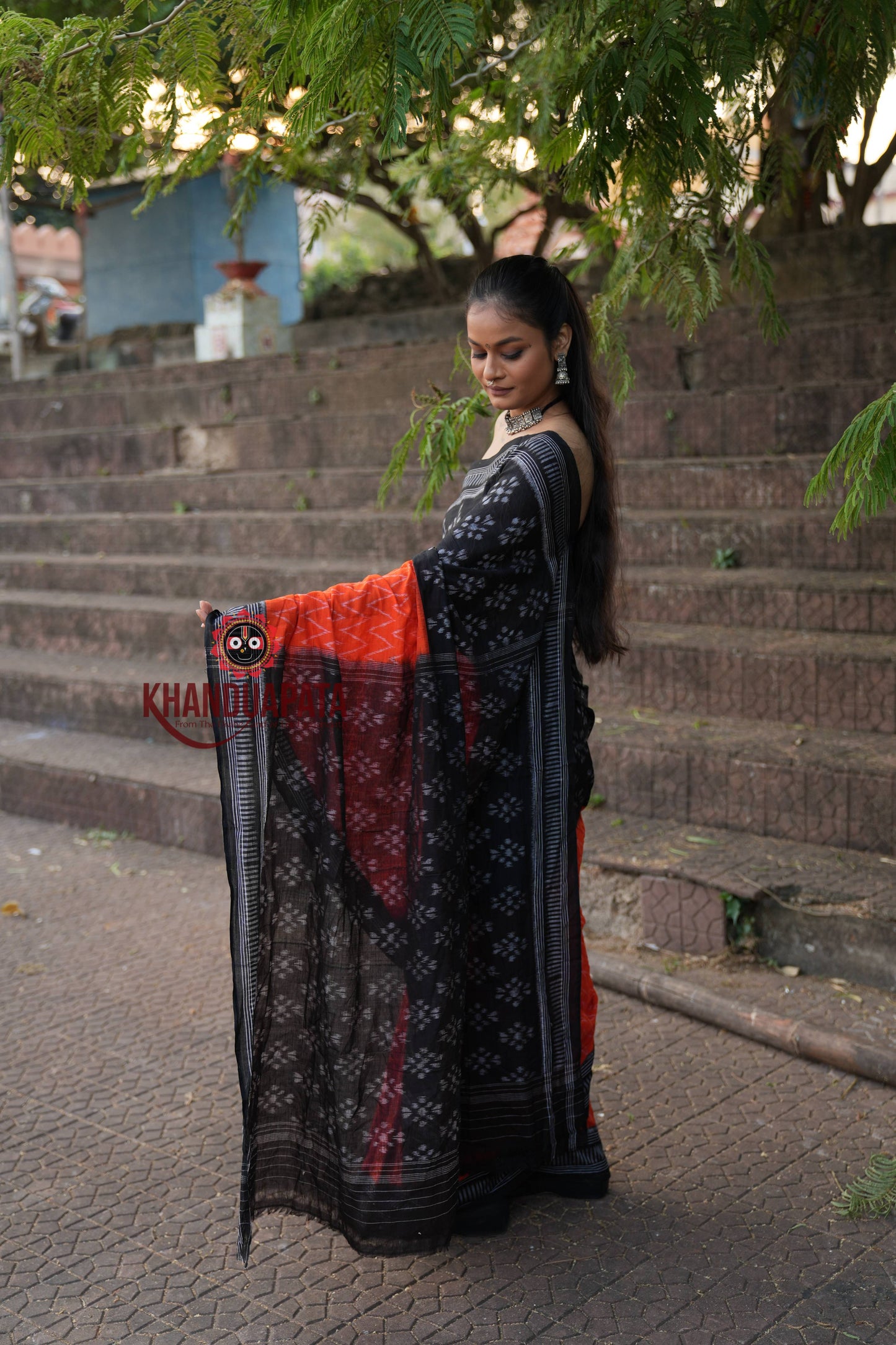 Orange & Black Body Design Cotton Saree For Women