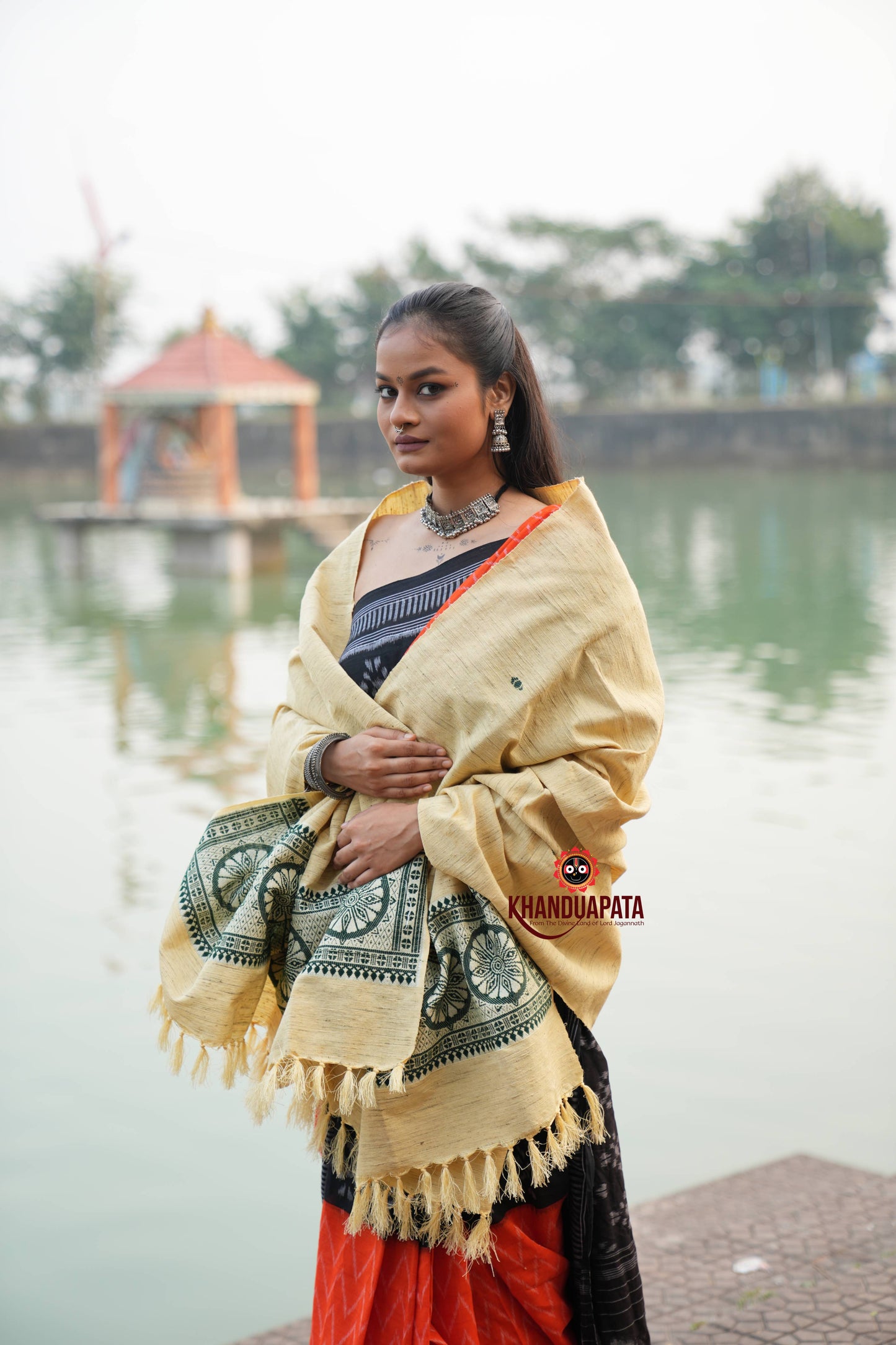 Beige & Dark Green Chakra Design Heritage Shawl For Winter For Women