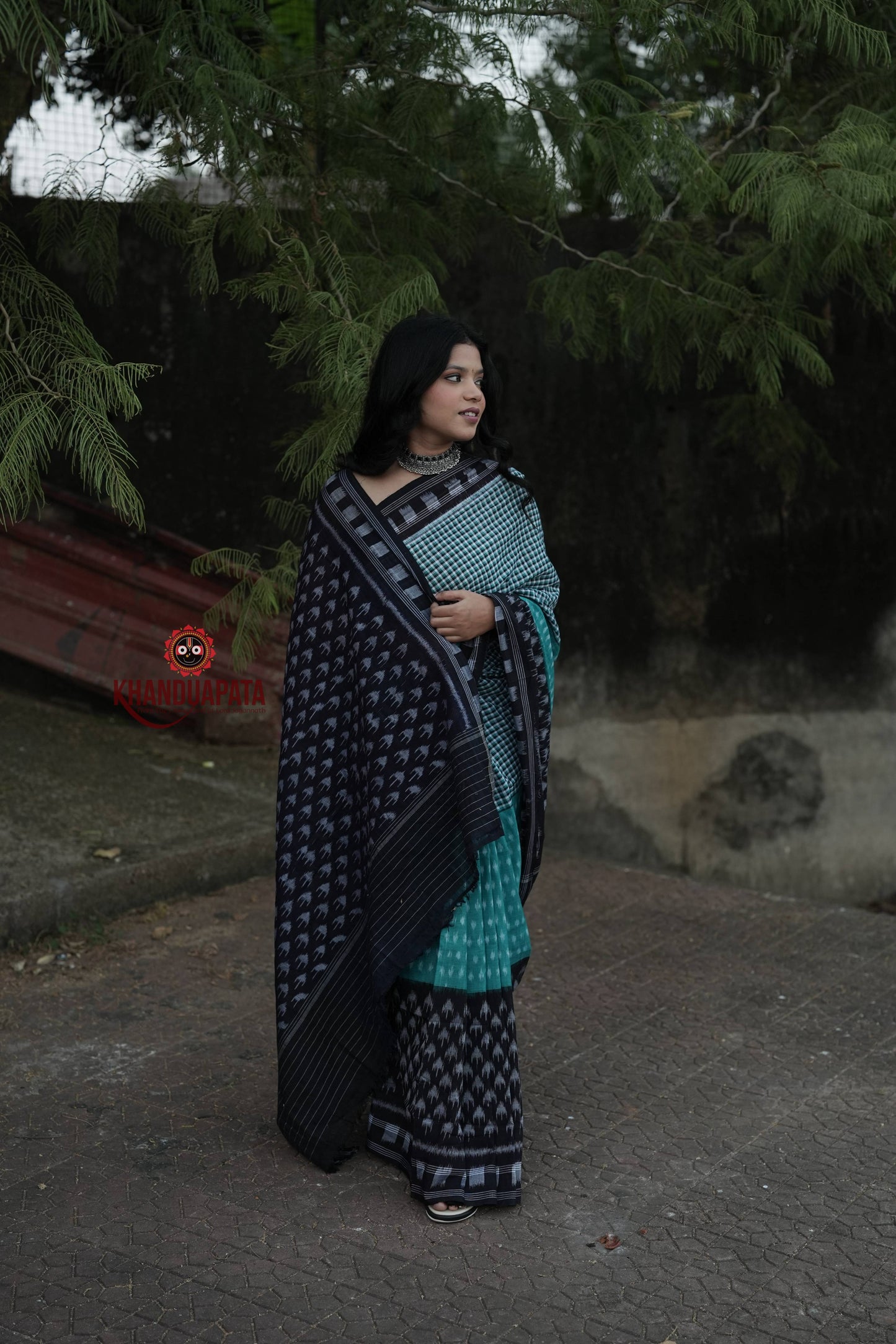 Teal & Black Tree Pattern Cotton Saree For Women