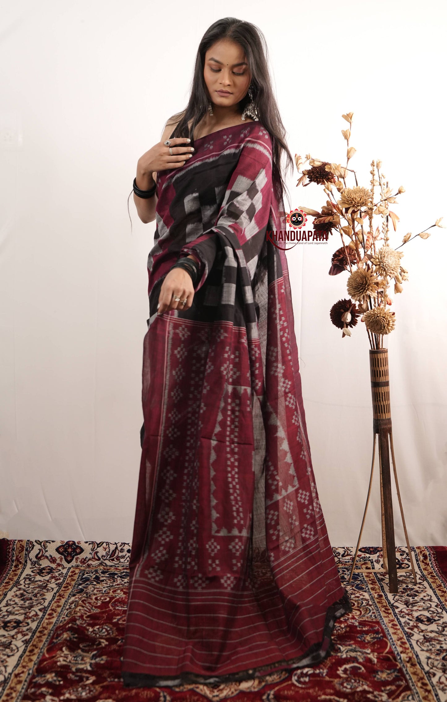 Black & Maroon Plus Design Cotton Saree For Women