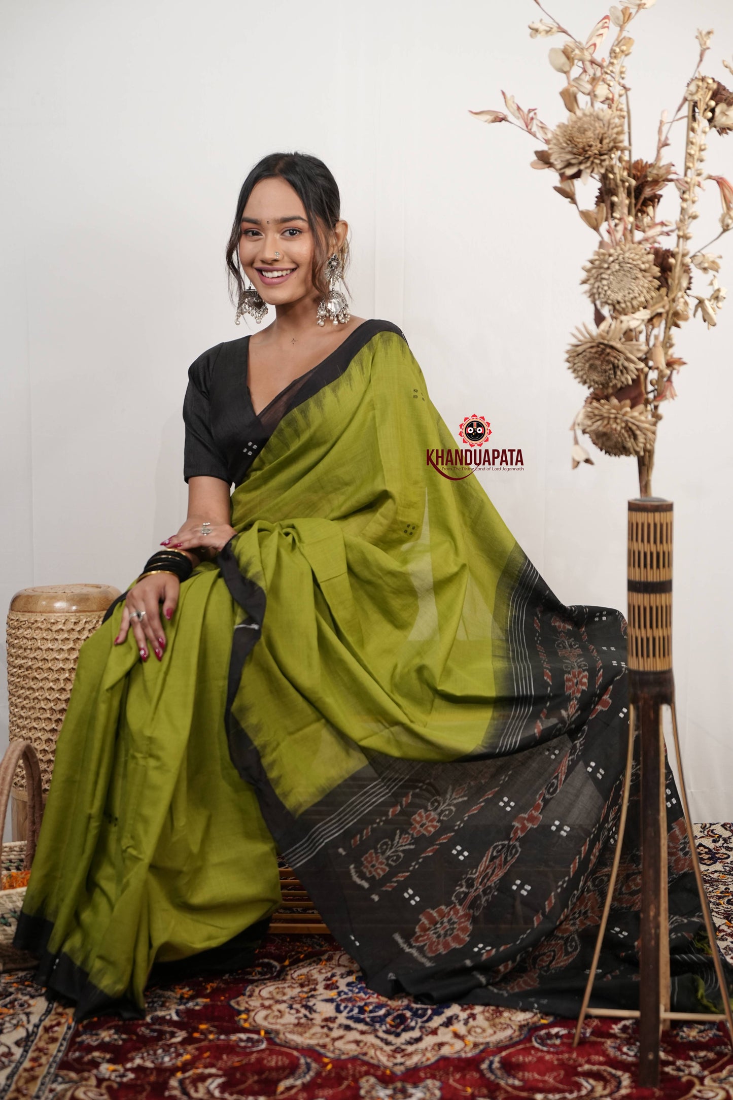 Meadow Green & Black Dot Design Cotton Saree For Women