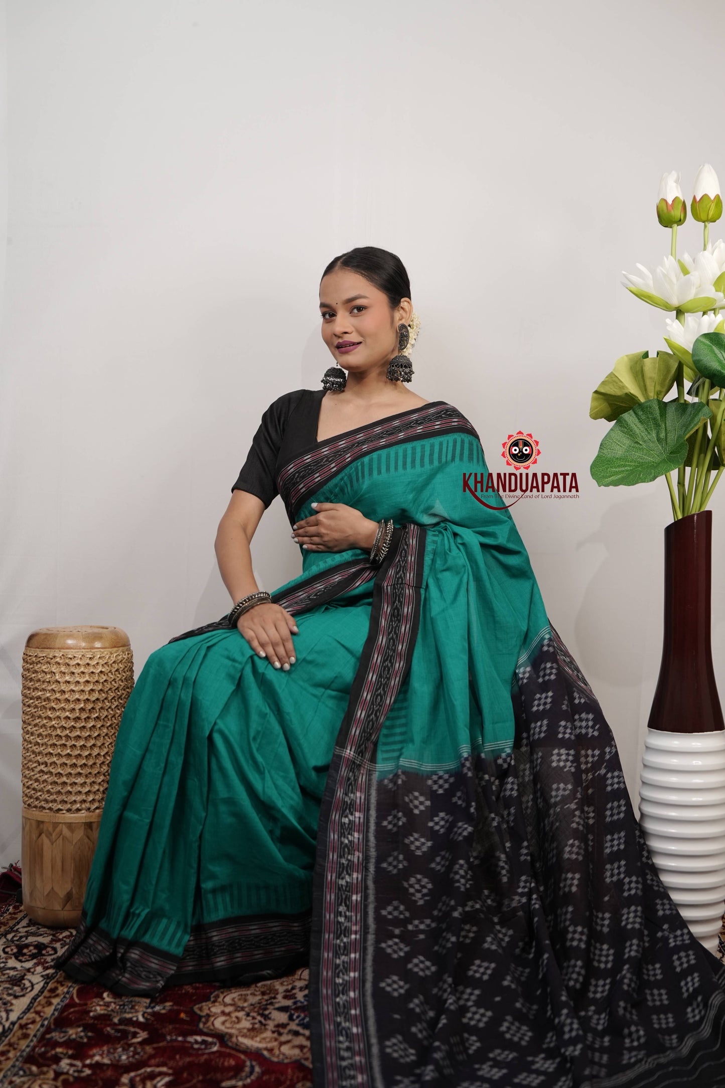 Teal Green & Black Plain Cotton Saree For Women