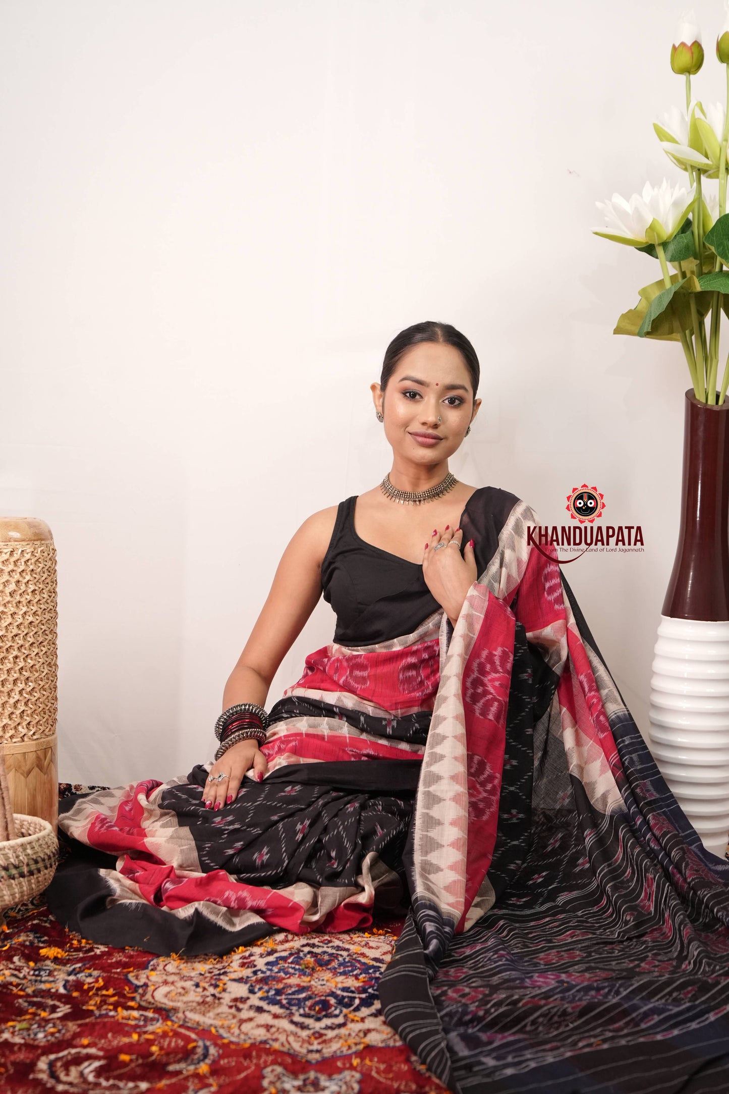 Black & Red Body Design Cotton Saree For Women