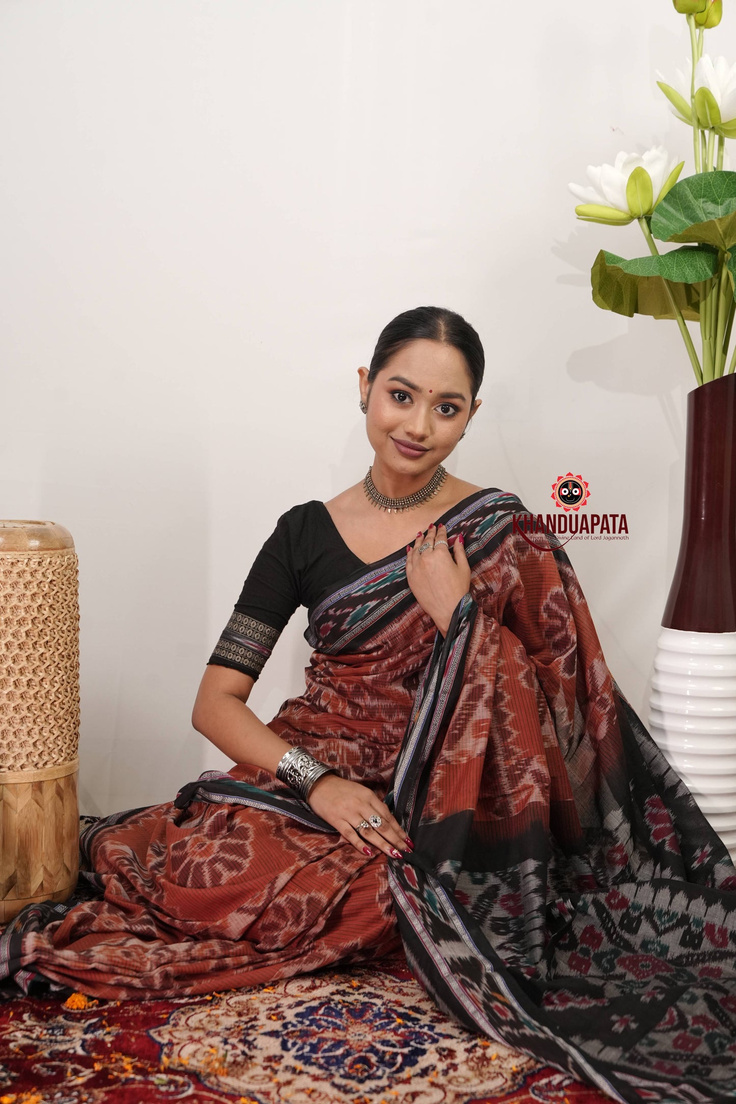 Black & Rust Orange Flower Design Cotton Saree For Women