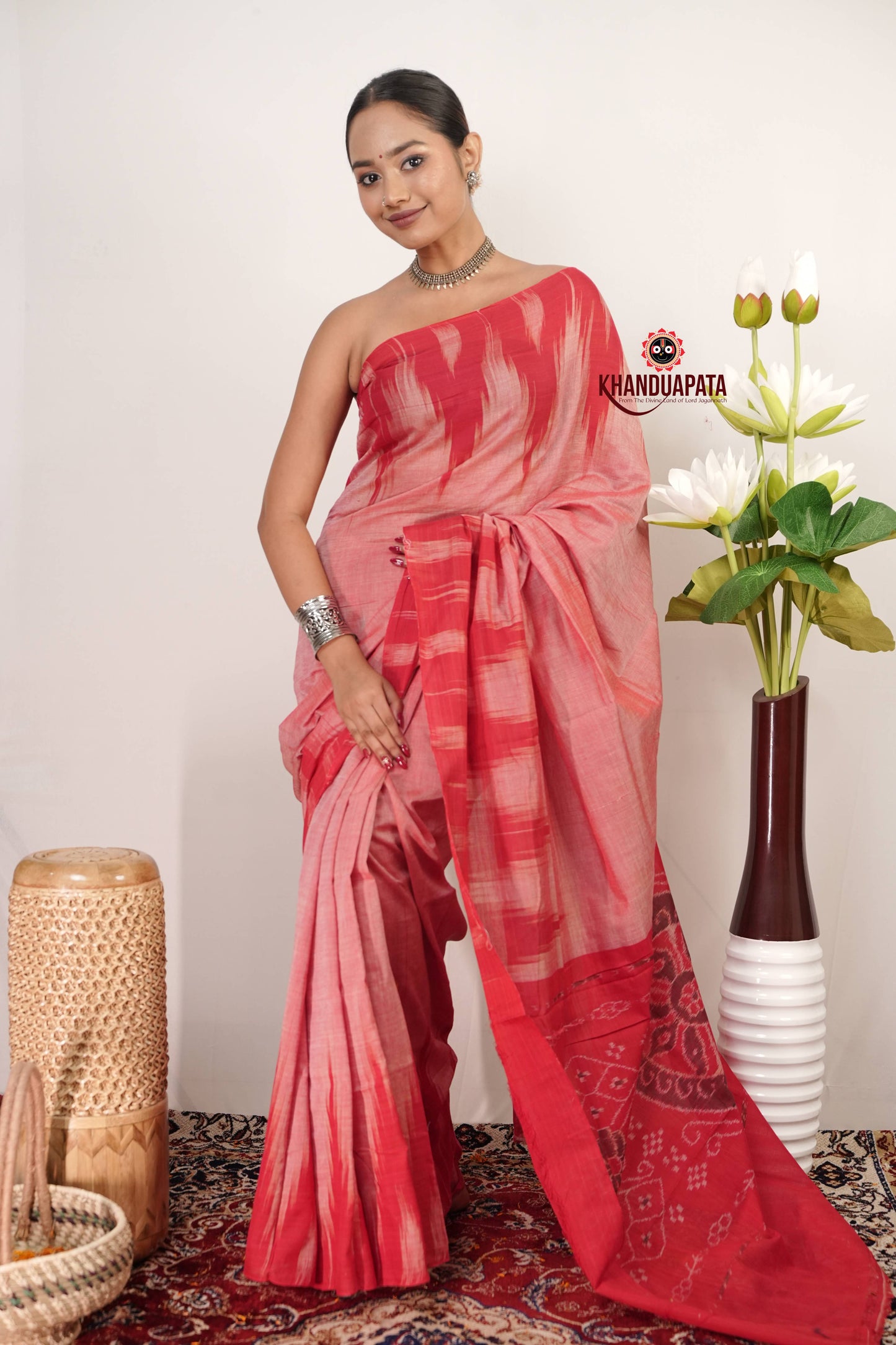 Coral Pink & Red Plain Cotton Saree For Women