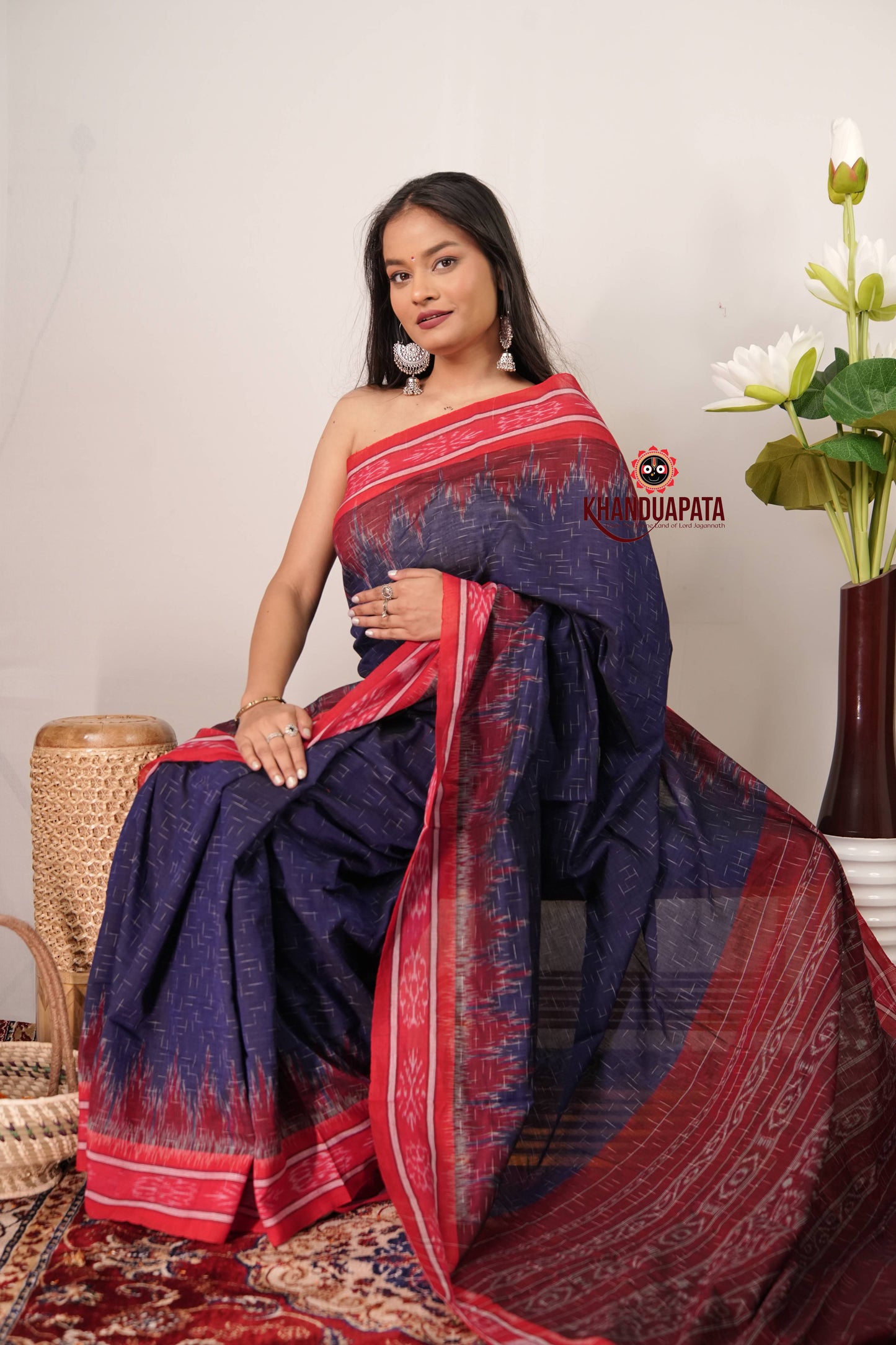 Blue & Red Minimal Design Cotton Saree For Women