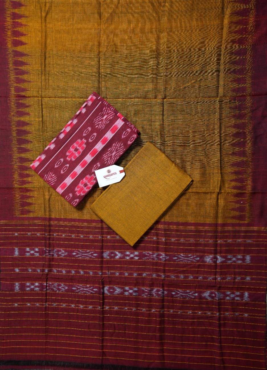 Maroon & Mustard Flower Design Unstitched Cotton Suit For Women