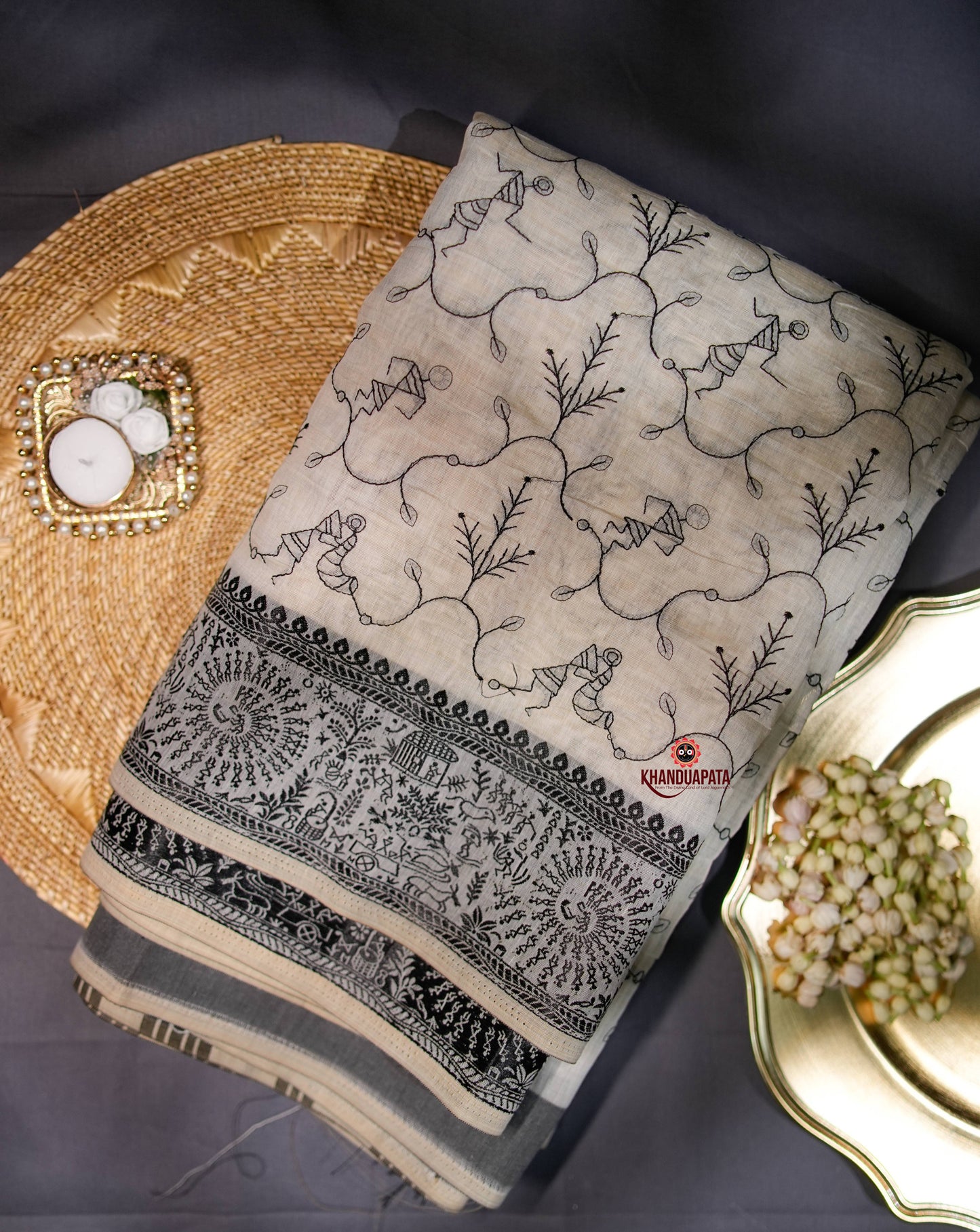 Beige & Black Embroidery Tree Design Chanderi Silk Saree For Women