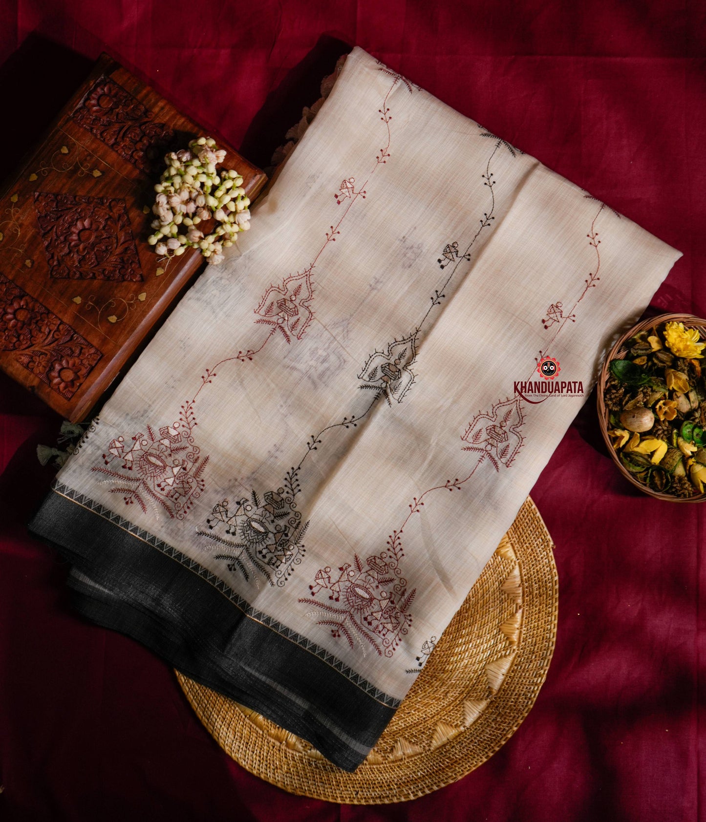 Beige & Black Embroidery Tribal Design Chanderi Silk Saree For Women