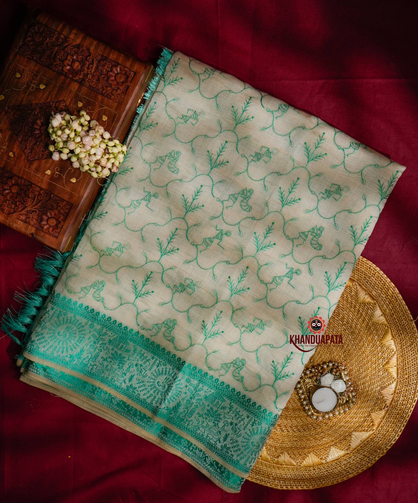 Beige & Green Embroidery Tree Design Chanderi Silk Saree For Women