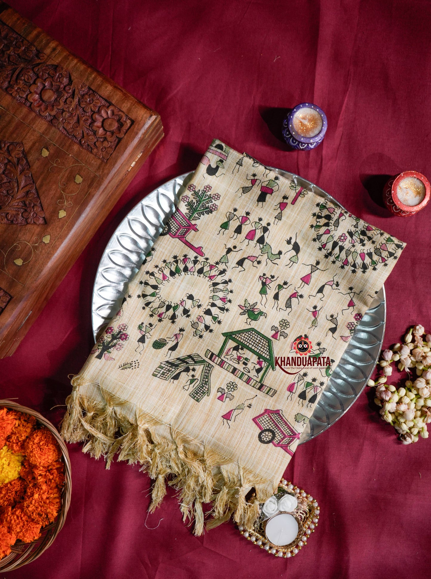 Beige & Pink Colour Festive Vibes Design Khadi Cotton Stole For Women