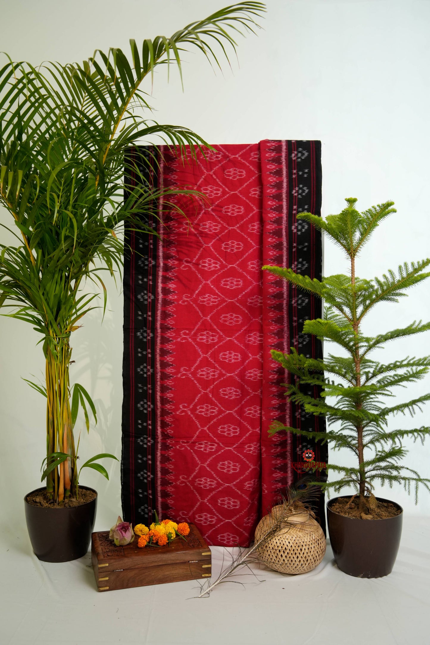 Red & Black Oval Design Pasapali Border Cotton Saree For Women