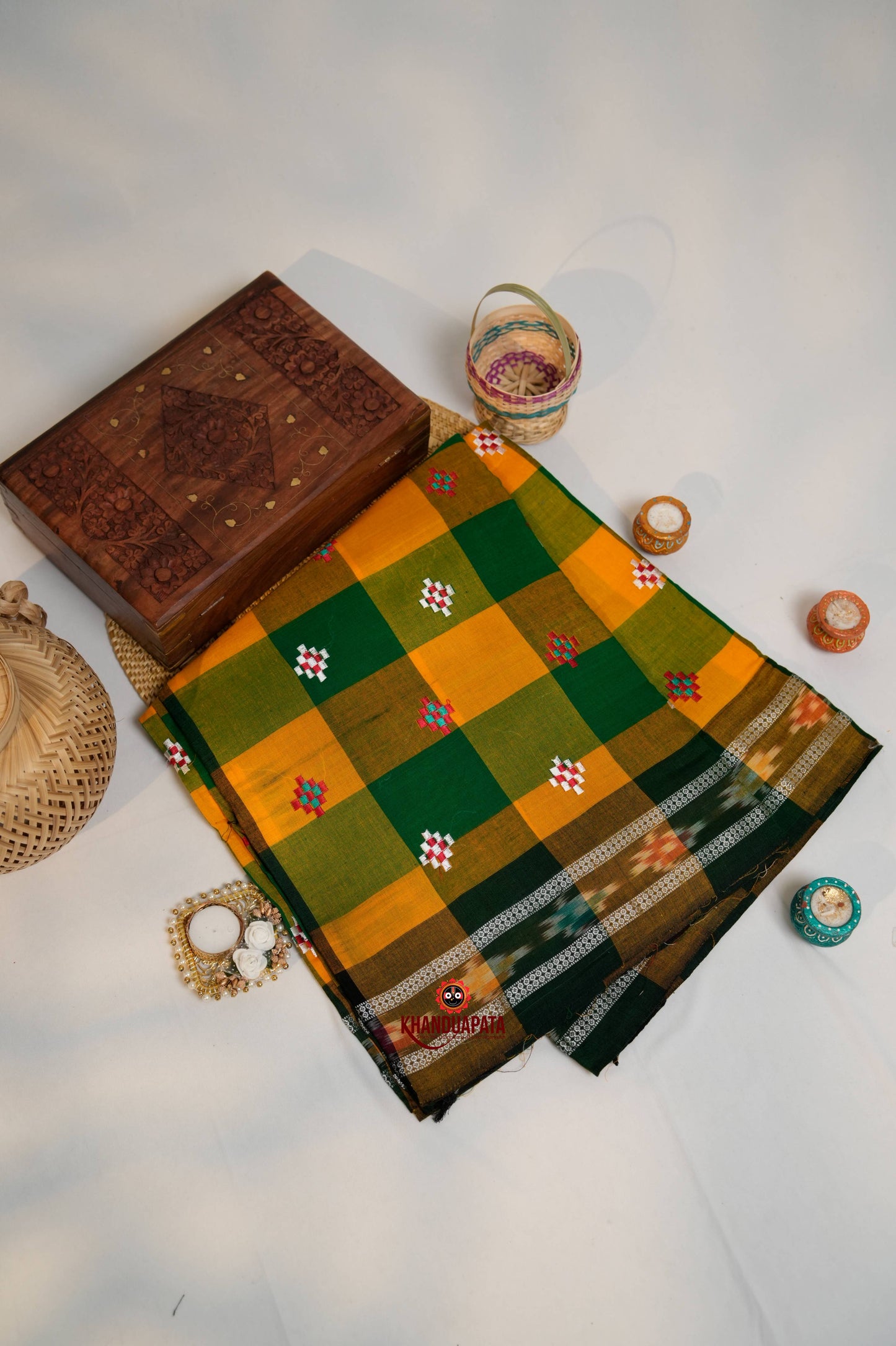 Green & Orange Colour Check Design Cotton Saree For Women