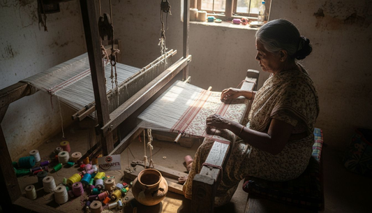 Indian artisan weaving handwoven cotton fabric