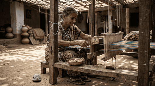 Indian woman weaving shawl on handloom outdoors