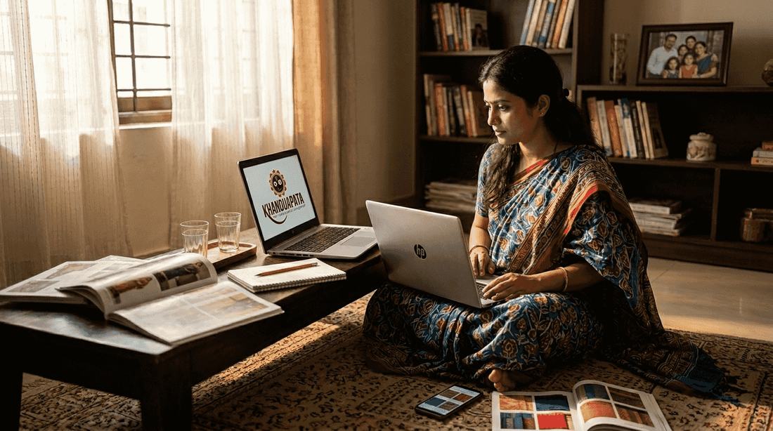 Woman shopping sarees online in sunlit living room