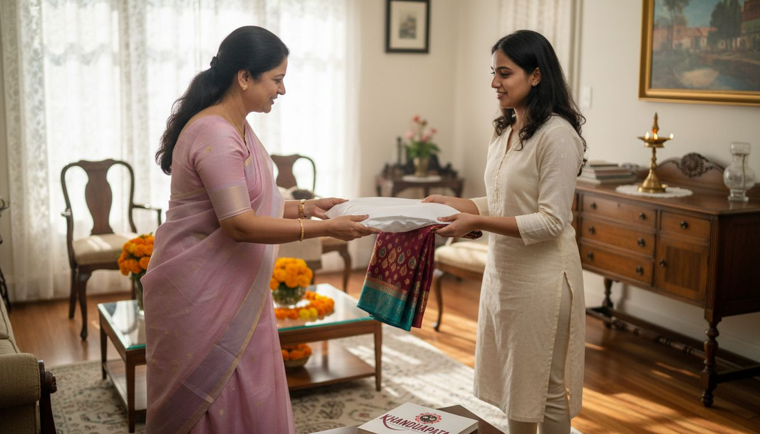 Mother gifting saree during family celebration