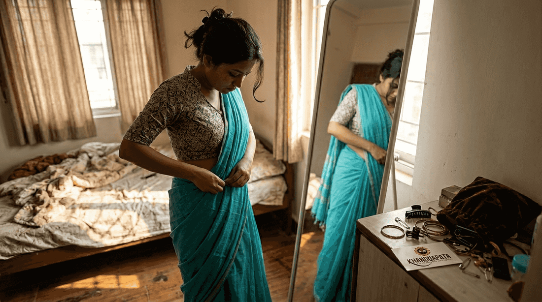 Woman draping saree in bright bedroom