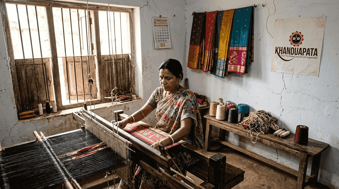 Artisan weaving handloom saree in sunlit workshop