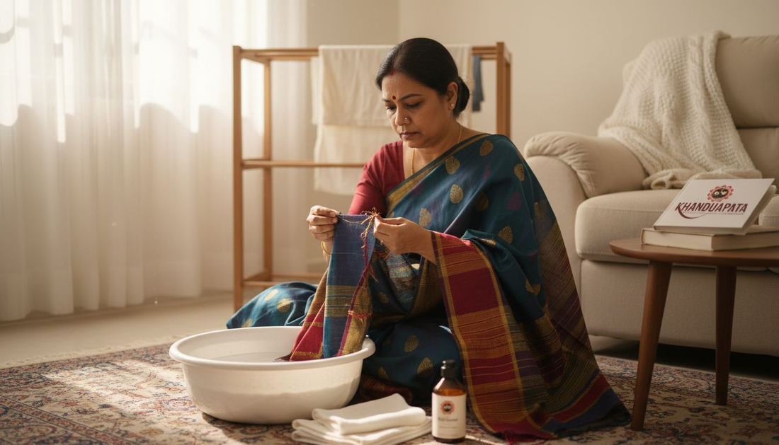 Woman examining handloom saree before cleaning