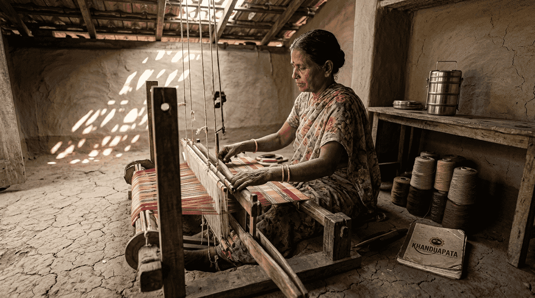 Rural artisan weaving saree on handloom
