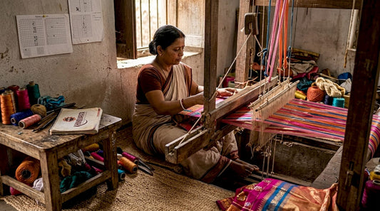 Artisan weaving saree in rustic workshop